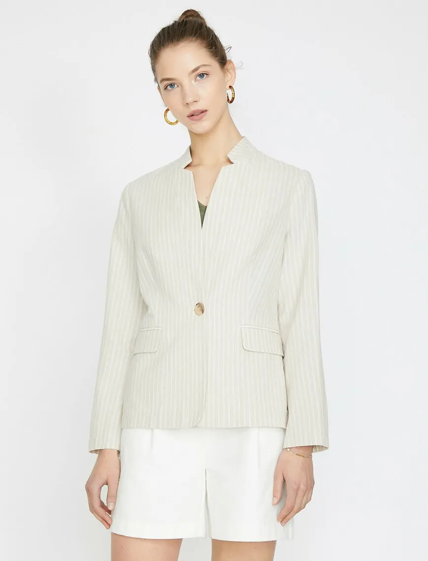 10612 Ecru High Collar Striped Linen acket