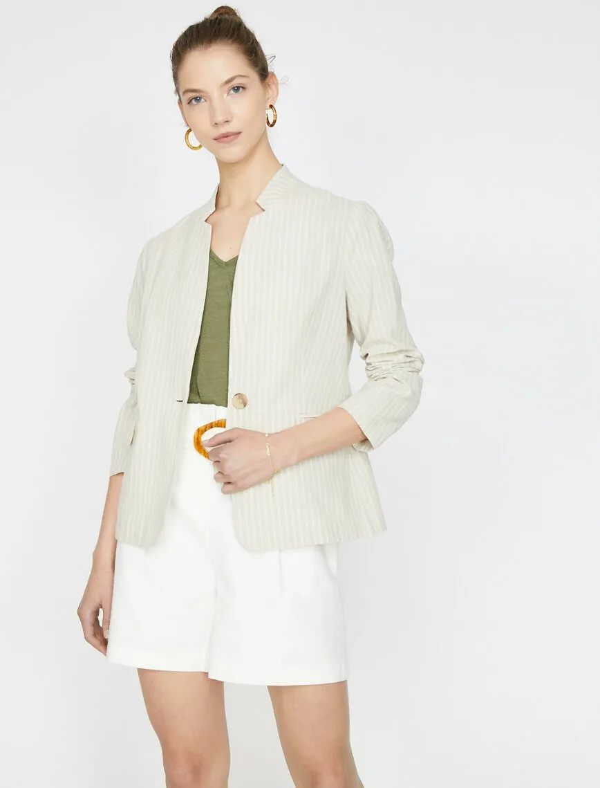 10612 Ecru High Collar Striped Linen acket