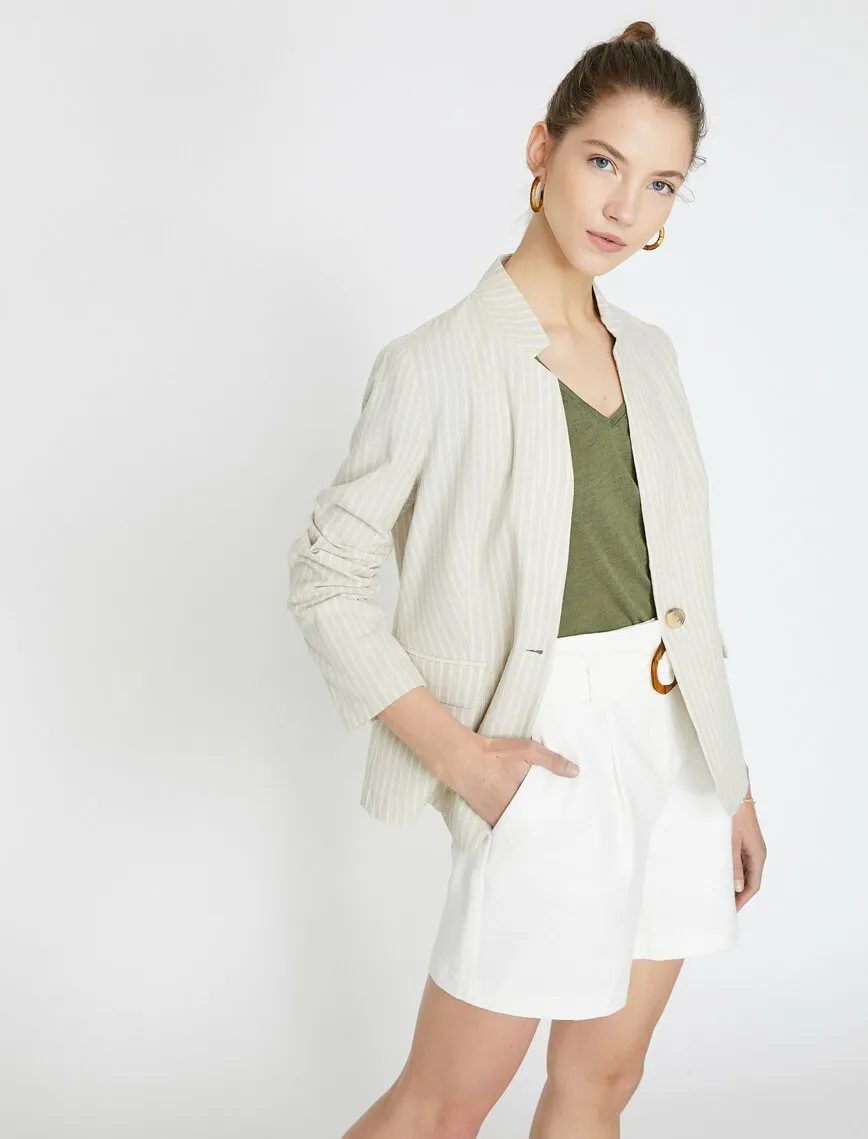 10612 Ecru High Collar Striped Linen acket
