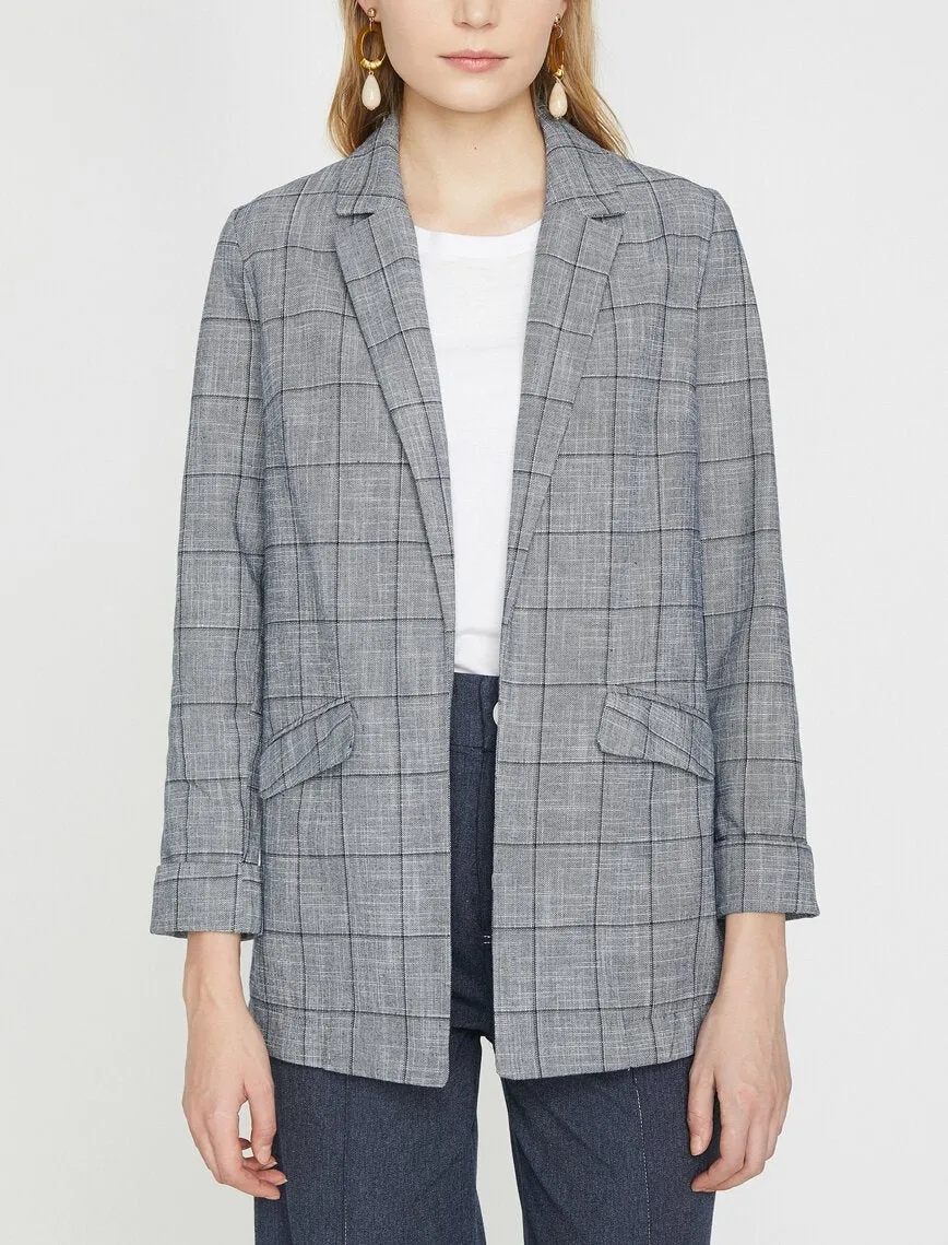 10622 Navy Blue Folded Cuff Check Jacket
