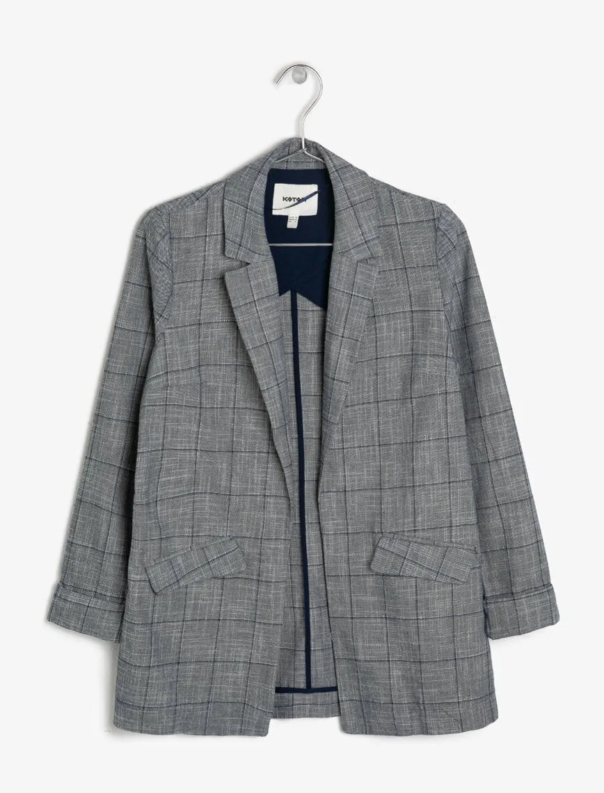 10622 Navy Blue Folded Cuff Check Jacket