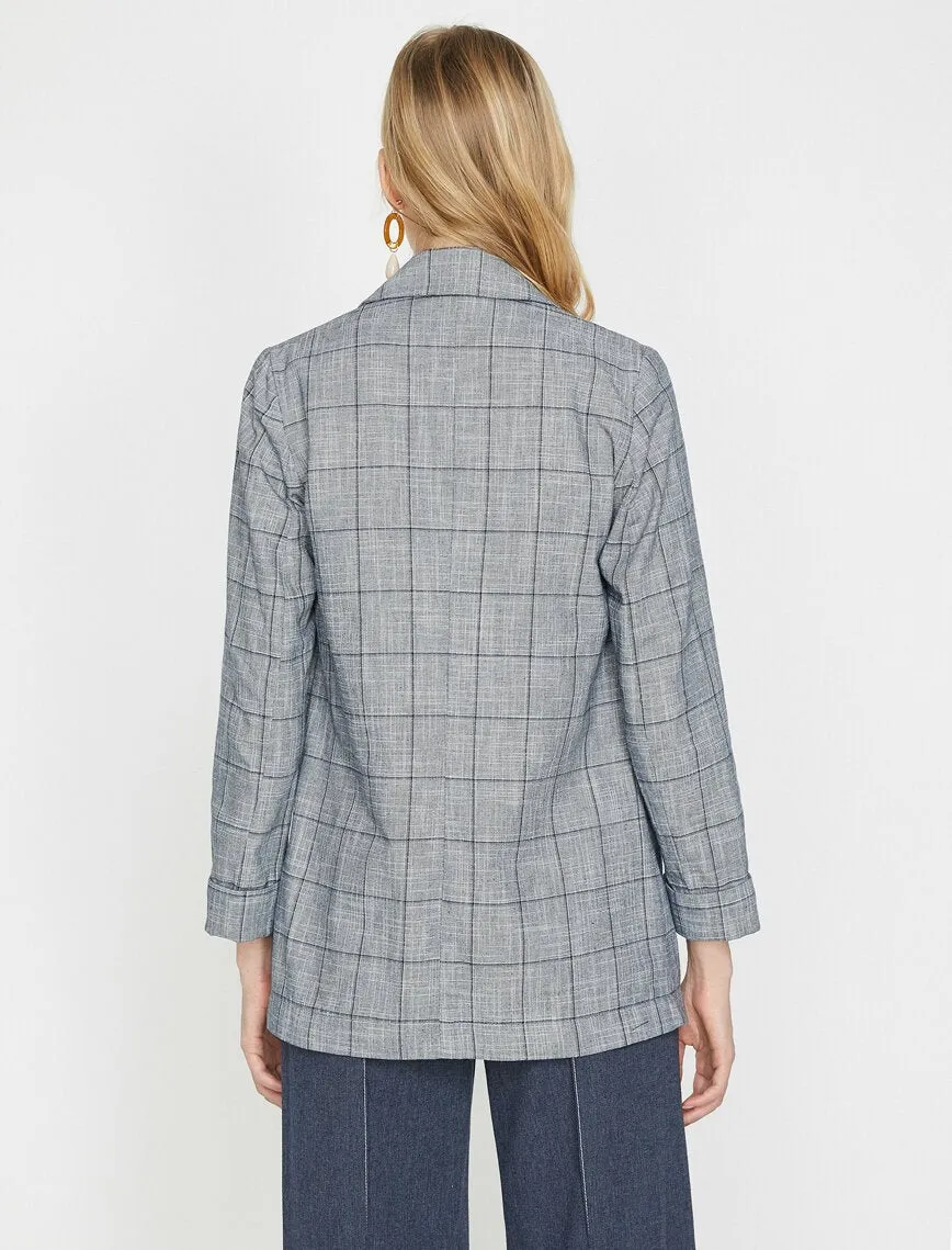 10622 Navy Blue Folded Cuff Check Jacket