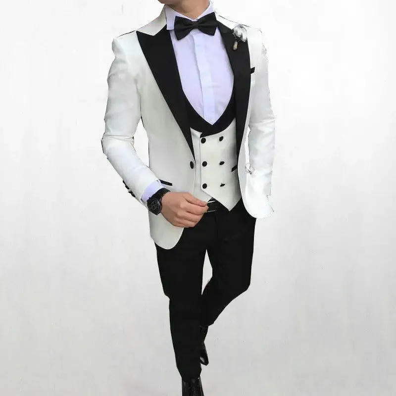 Aidase Men Suit Fashion Formal Business Slim Fit 3 Pieces White Blazers Burgundy Pants Men's  Wedding Male Set Groom Suit