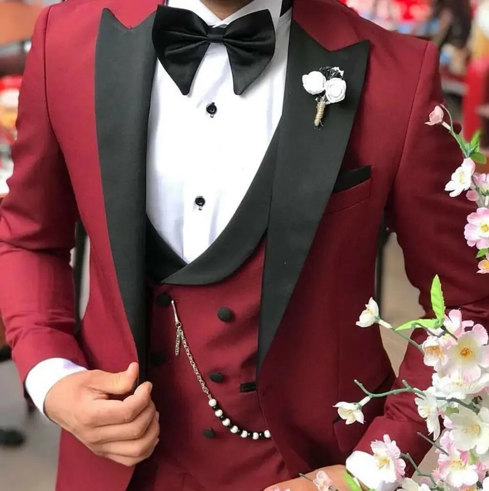 Aidase Men Suit Fashion Formal Business Slim Fit 3 Pieces White Blazers Burgundy Pants Men's  Wedding Male Set Groom Suit