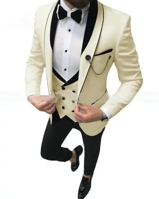 Aidase Men Suit Fashion Formal Business Slim Fit 3 Pieces White Blazers Burgundy Pants Men's  Wedding Male Set Groom Suit