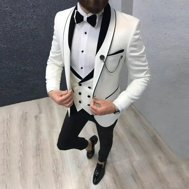 Aidase Men Suit Fashion Formal Business Slim Fit 3 Pieces White Blazers Burgundy Pants Men's  Wedding Male Set Groom Suit