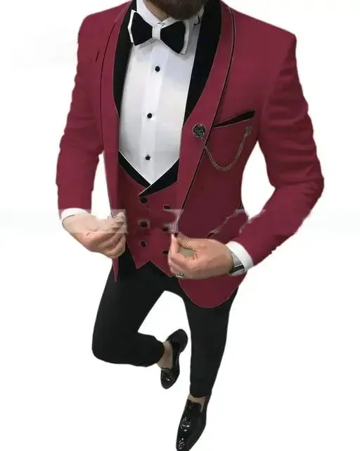 Aidase Men Suit Fashion Formal Business Slim Fit 3 Pieces White Blazers Burgundy Pants Men's  Wedding Male Set Groom Suit