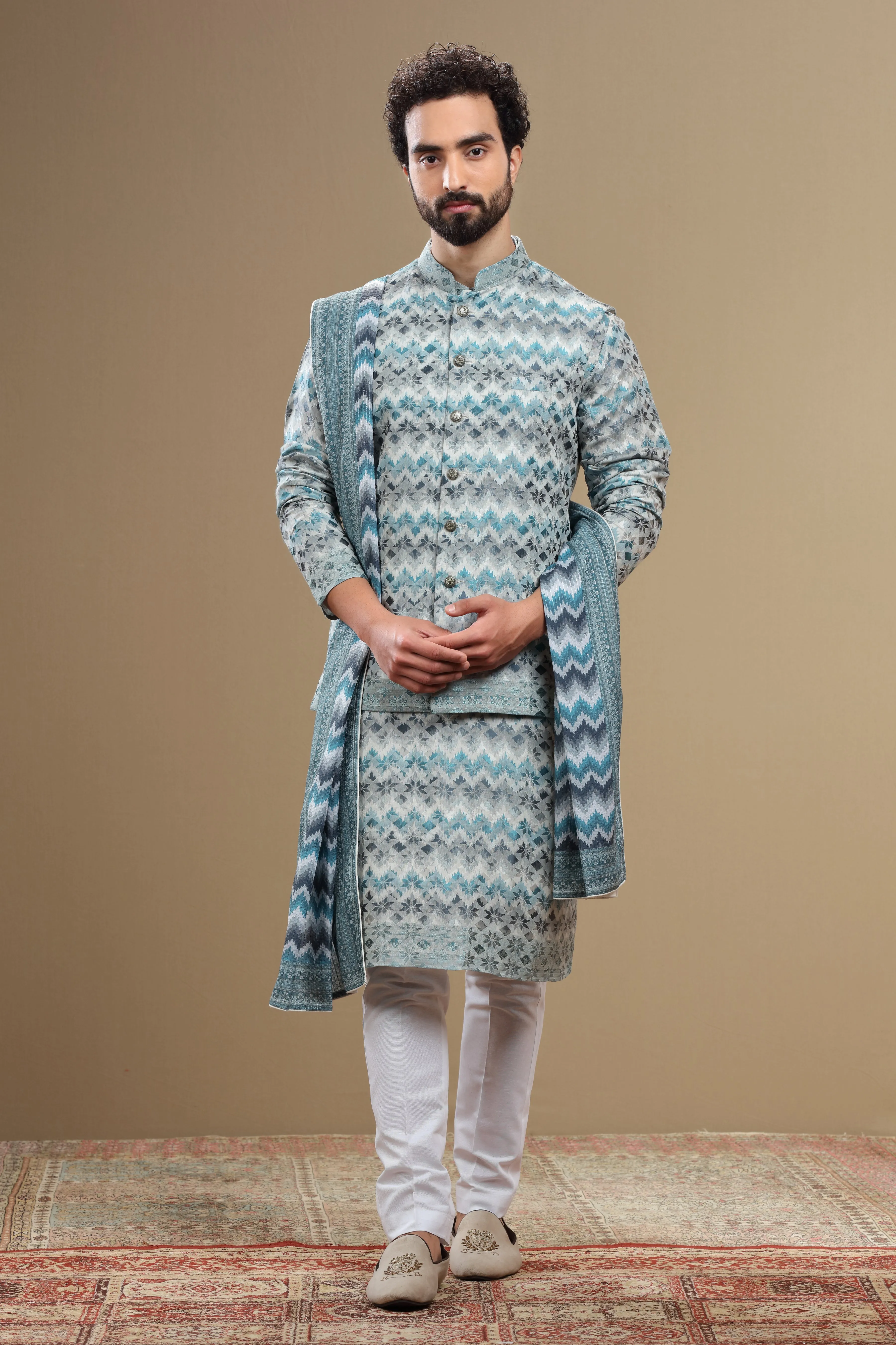 Beige Silk Dupatta Jacket Set With Geometric Threadwork