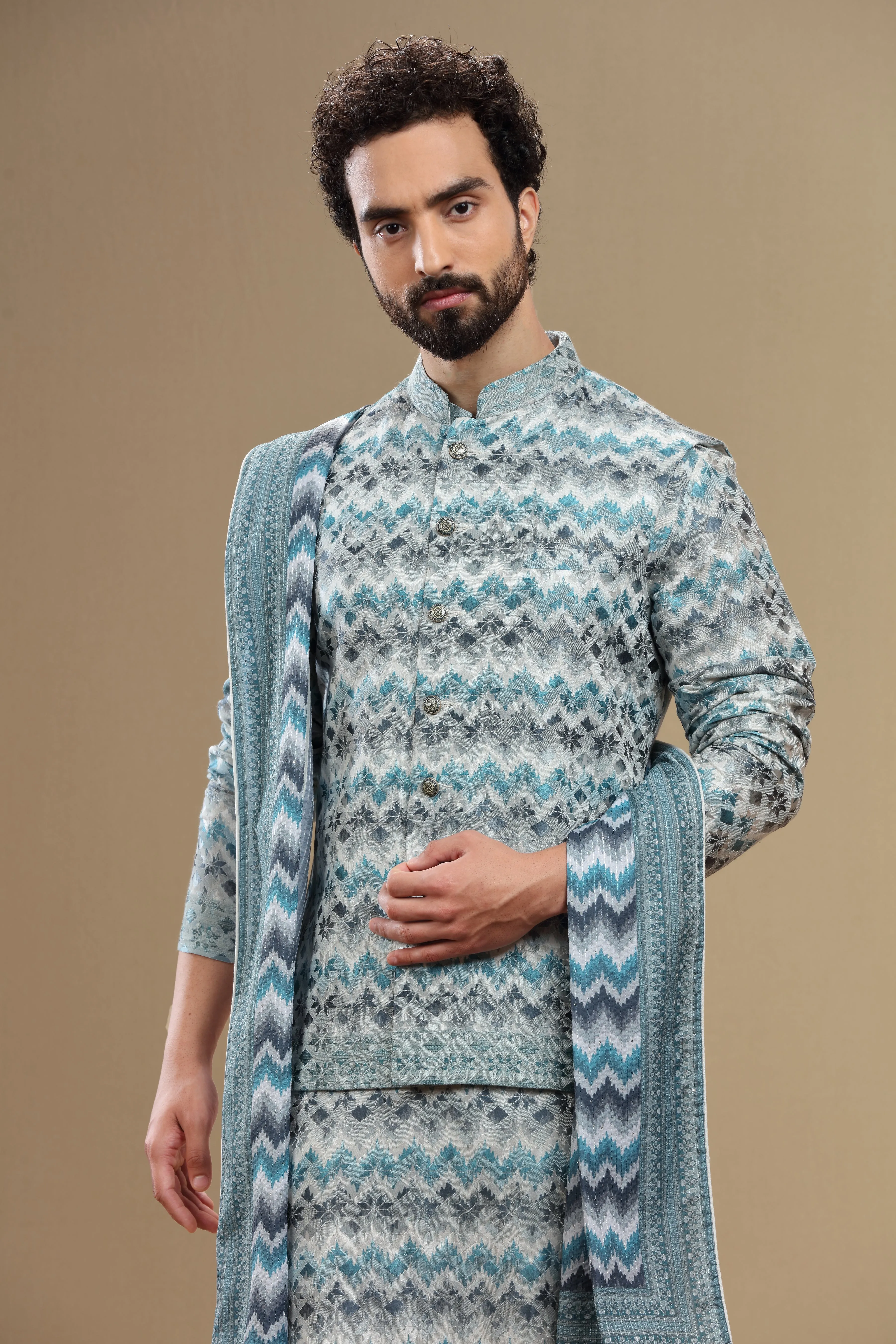 Beige Silk Dupatta Jacket Set With Geometric Threadwork
