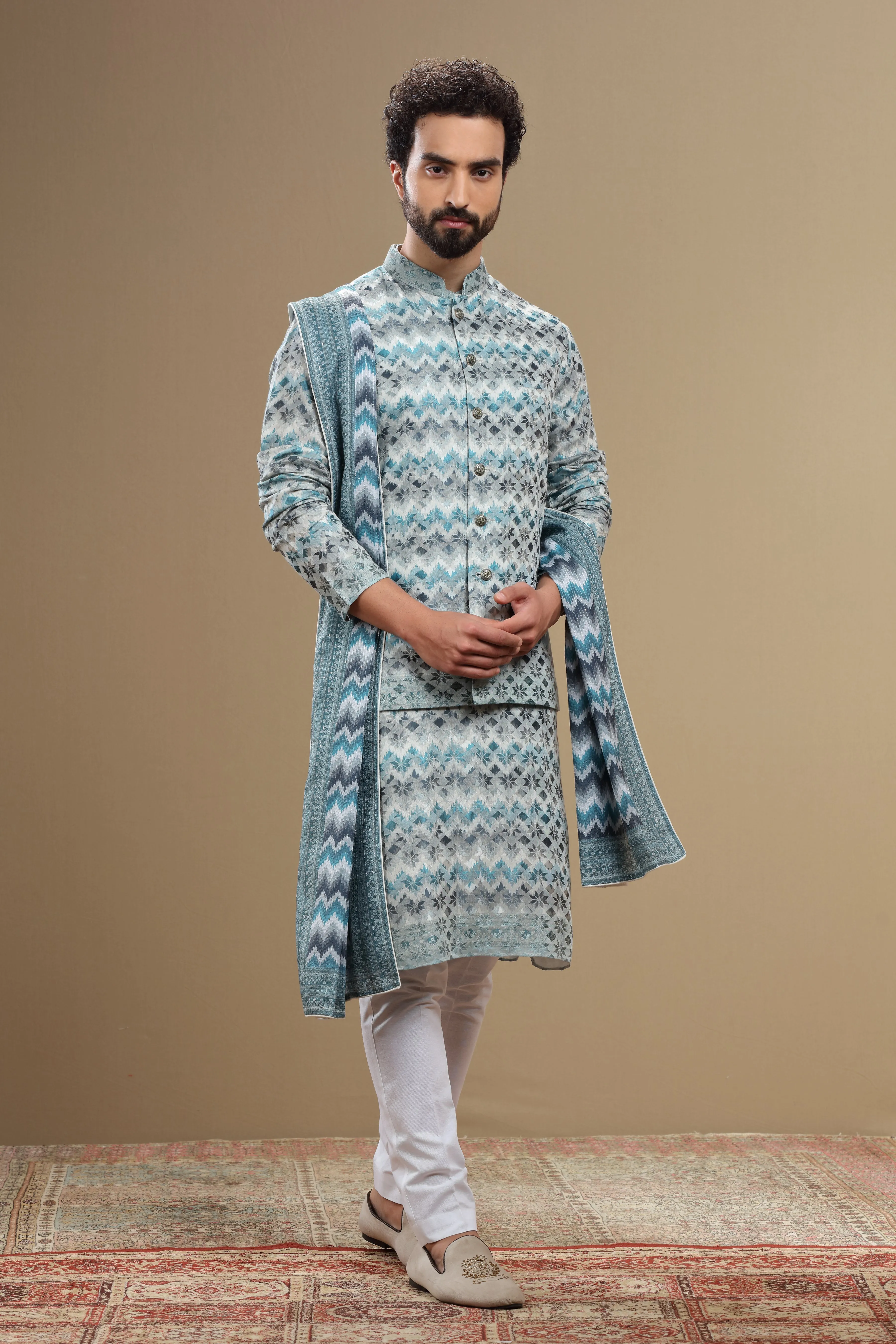Beige Silk Dupatta Jacket Set With Geometric Threadwork