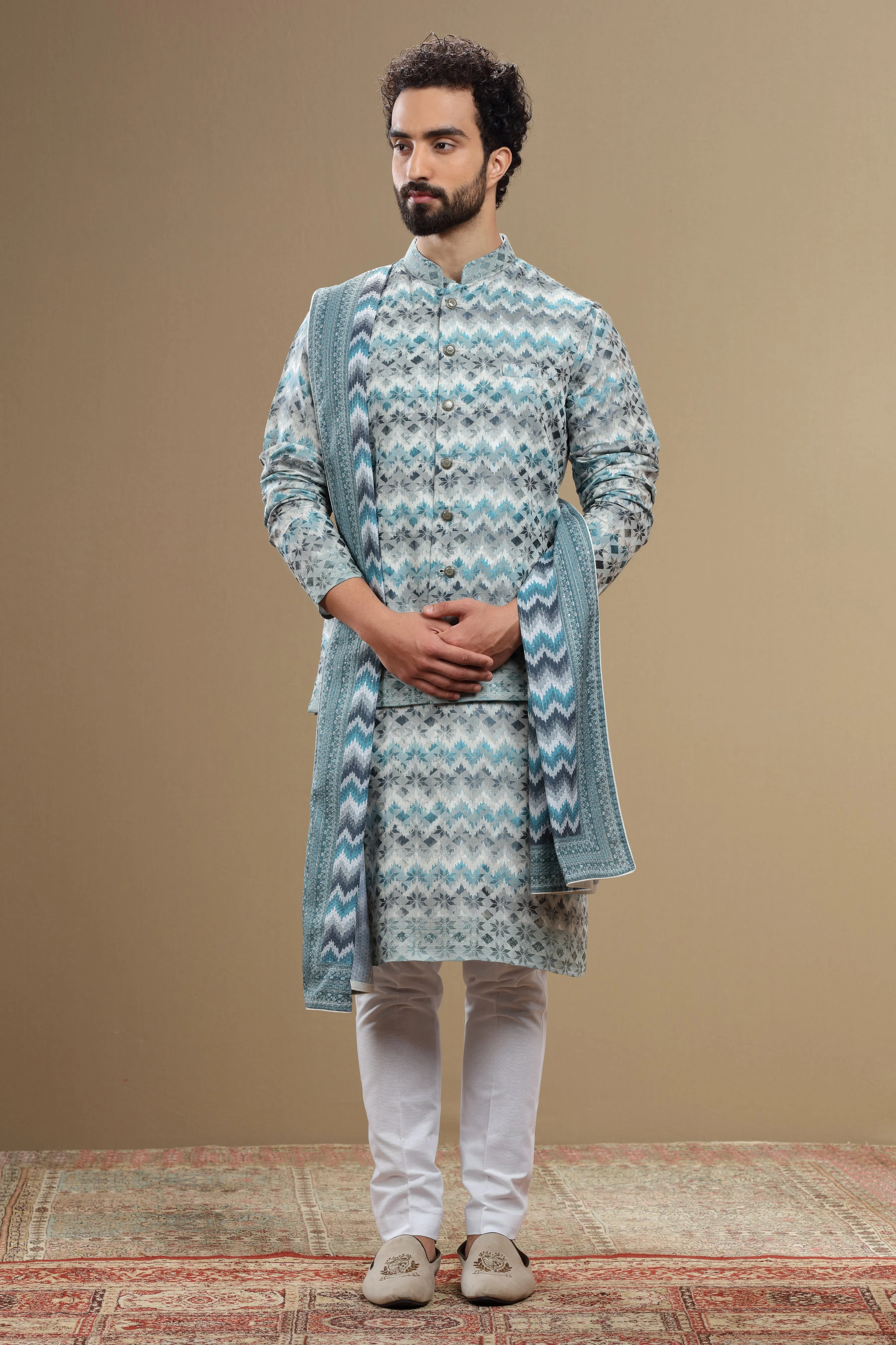 Beige Silk Dupatta Jacket Set With Geometric Threadwork
