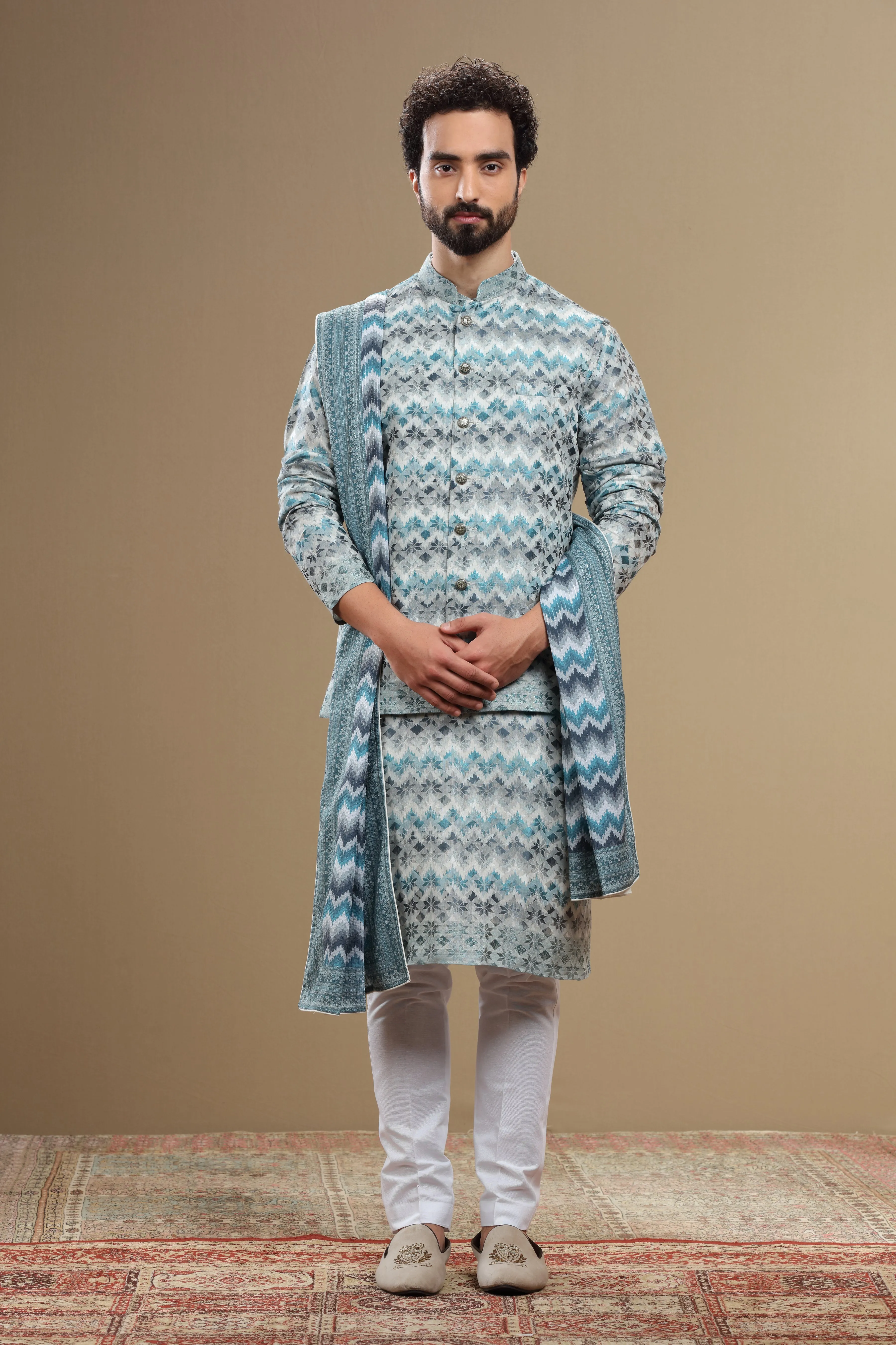 Beige Silk Dupatta Jacket Set With Geometric Threadwork