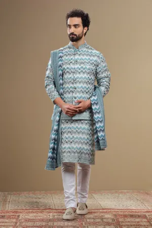 Beige Silk Dupatta Jacket Set With Geometric Threadwork