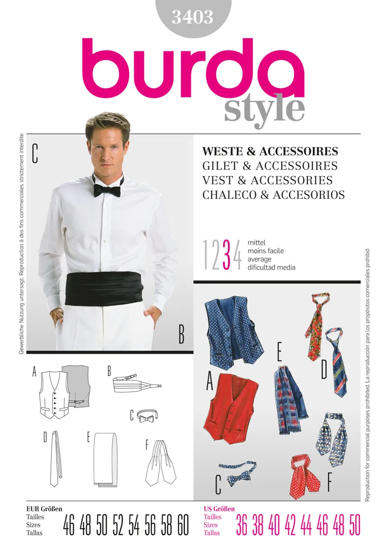 Burda 3403 Mens' Waistcoat and Accessories Pattern
