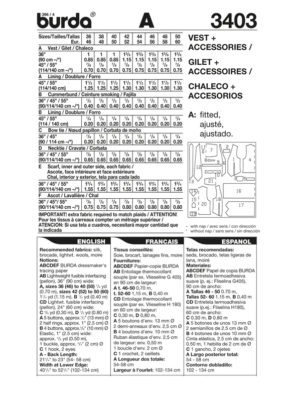 Burda 3403 Mens' Waistcoat and Accessories Pattern