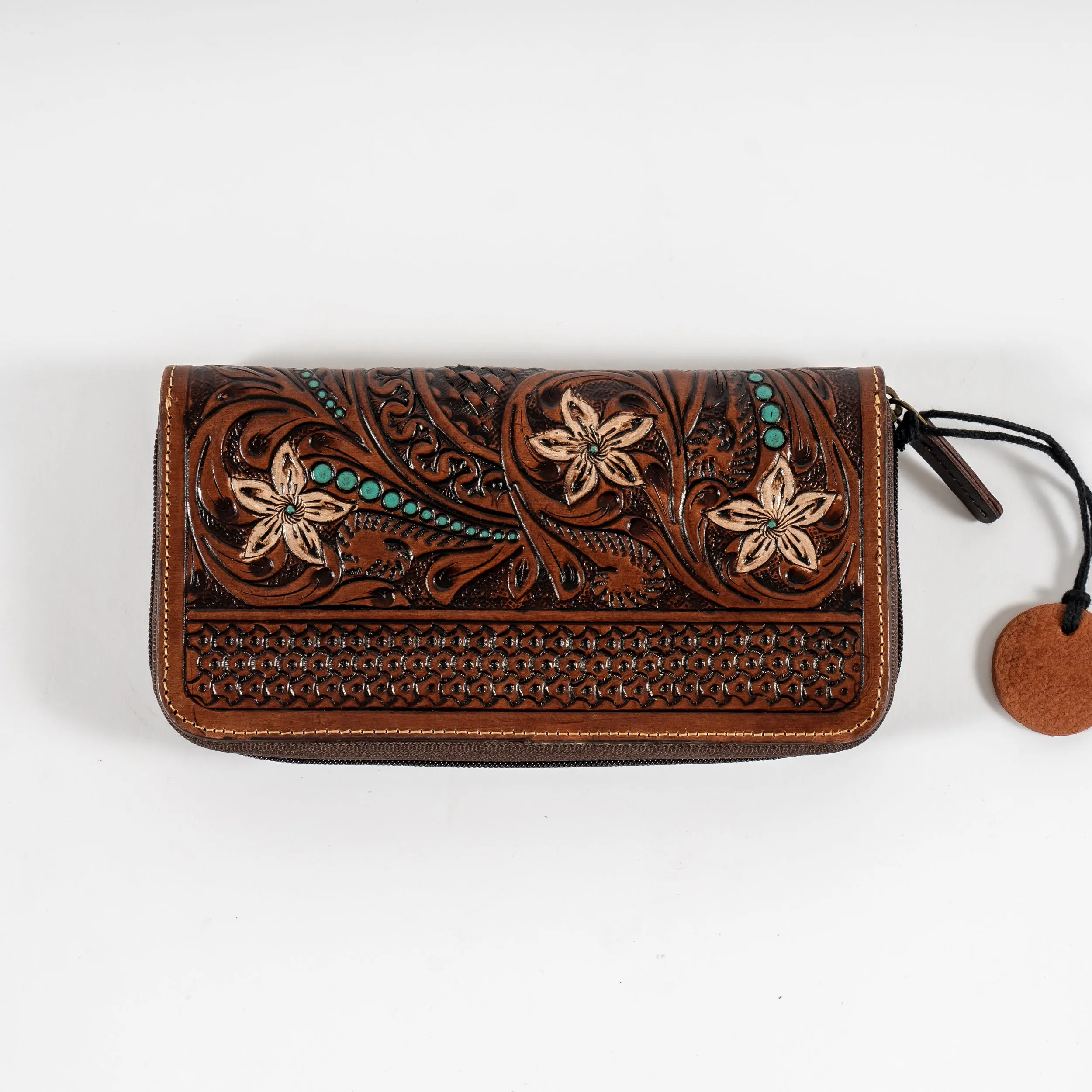 Custom Carved Leather Zip Wallet