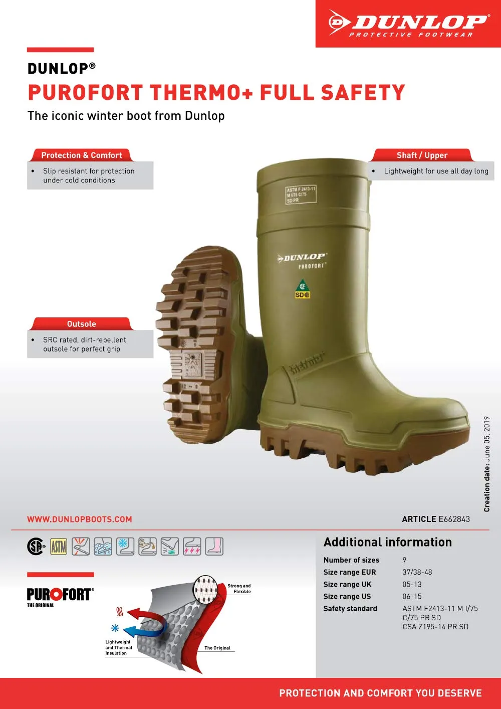 Dunlop Protective Footwear, Purofort Thermo  Full Safety, 100% Waterproof Purofort Material, Lightweight and Durable Protective Footwear, Slip-Resistant, E662843.09, Size 9 US, Green/Brown