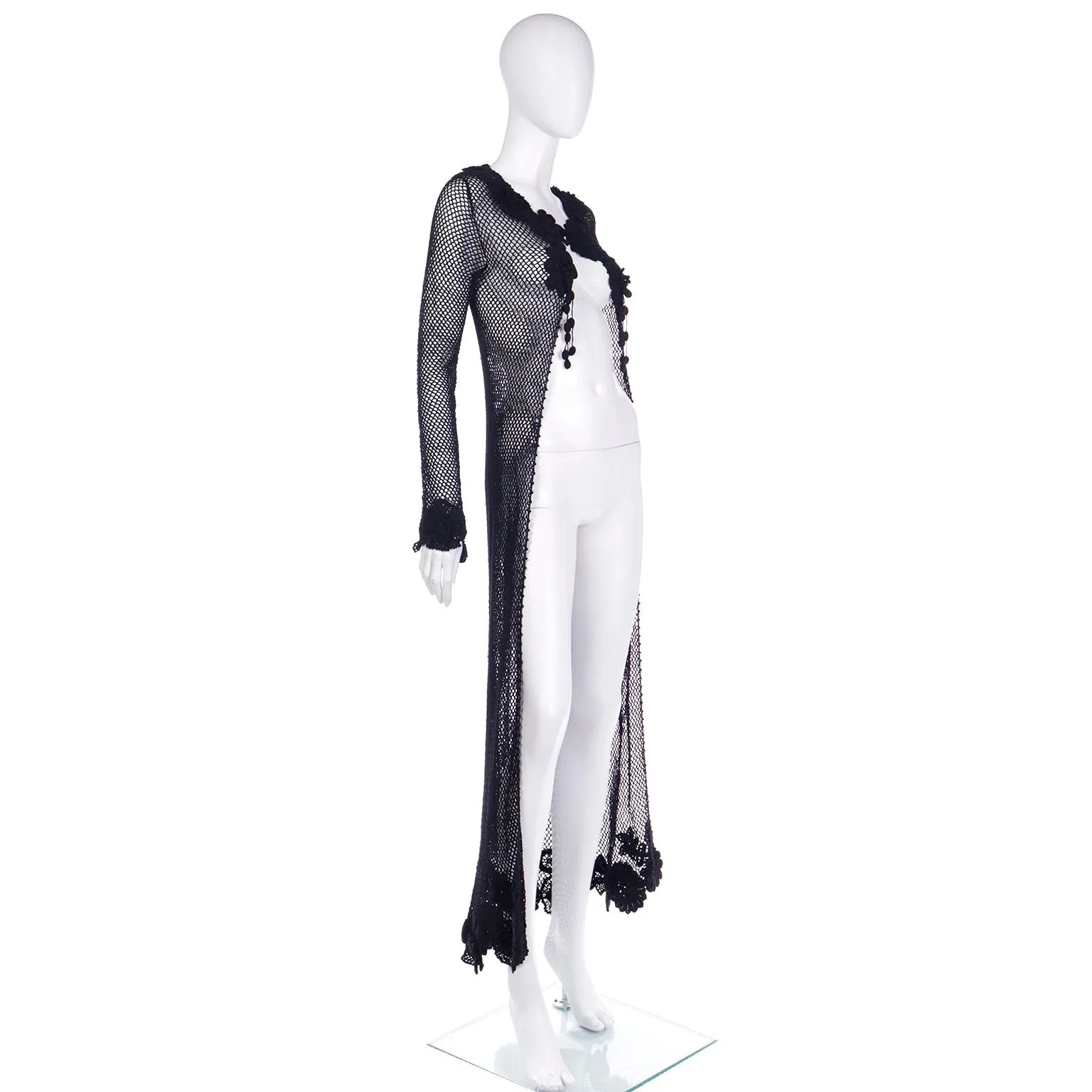 F/W 1997 Isaac Mizrahi Tiny Label Black Crochet Long Duster Cardigan