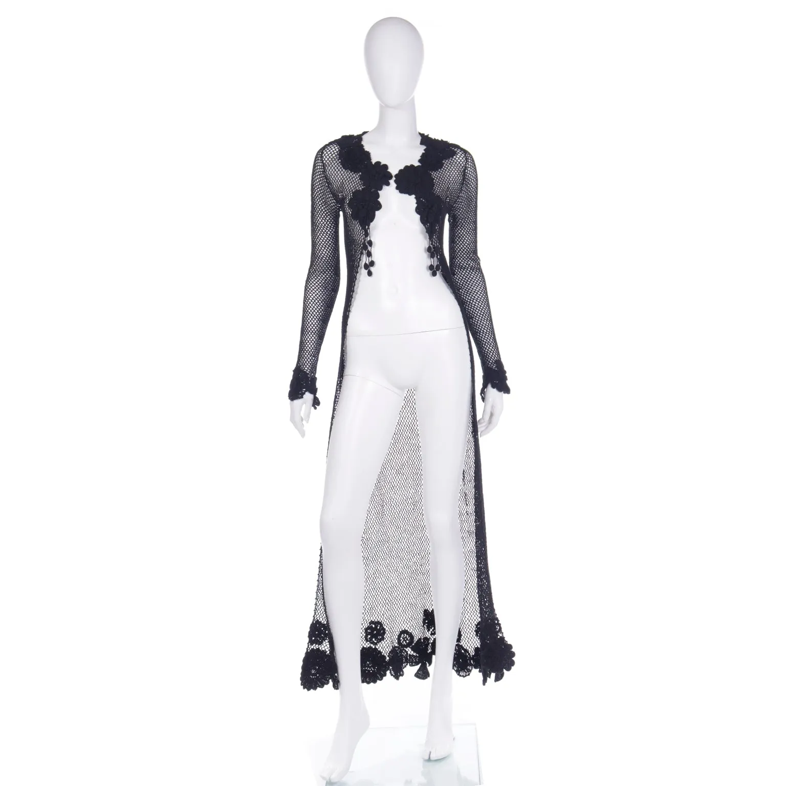 F/W 1997 Isaac Mizrahi Tiny Label Black Crochet Long Duster Cardigan
