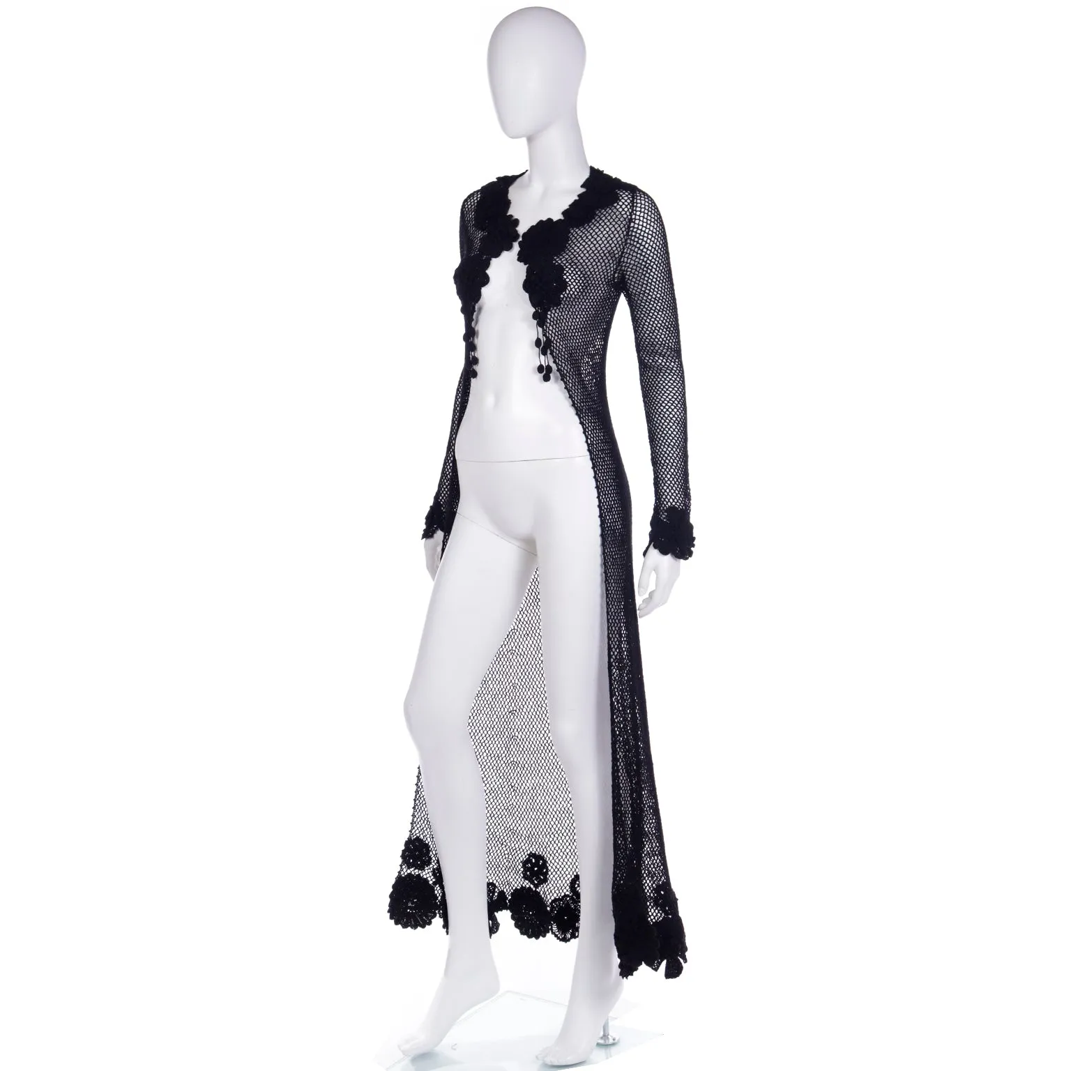 F/W 1997 Isaac Mizrahi Tiny Label Black Crochet Long Duster Cardigan