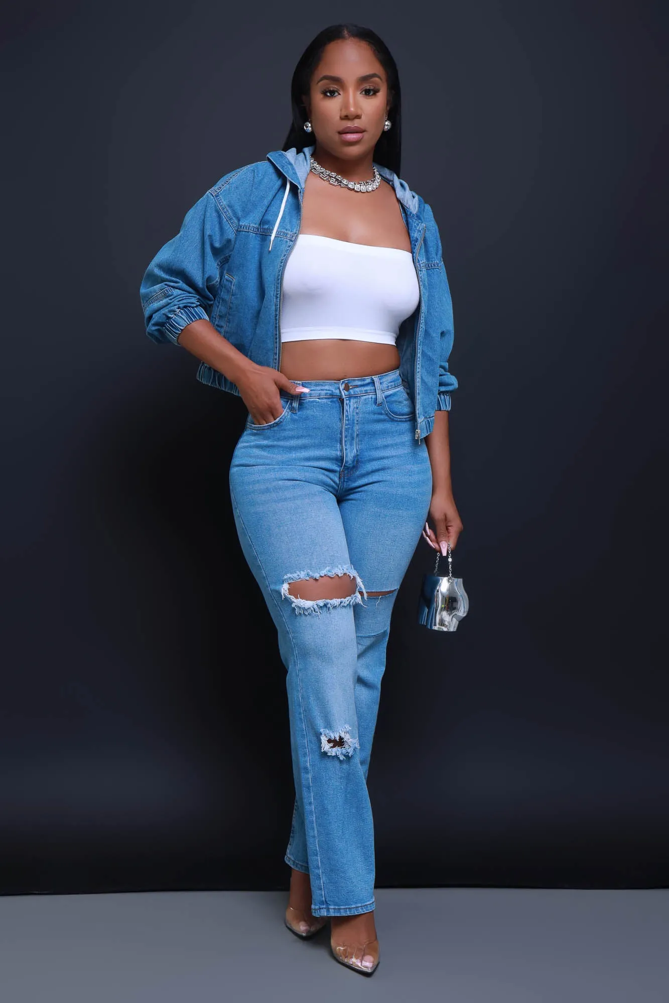 Give It A Shot Hooded Denim Jacket - Blue