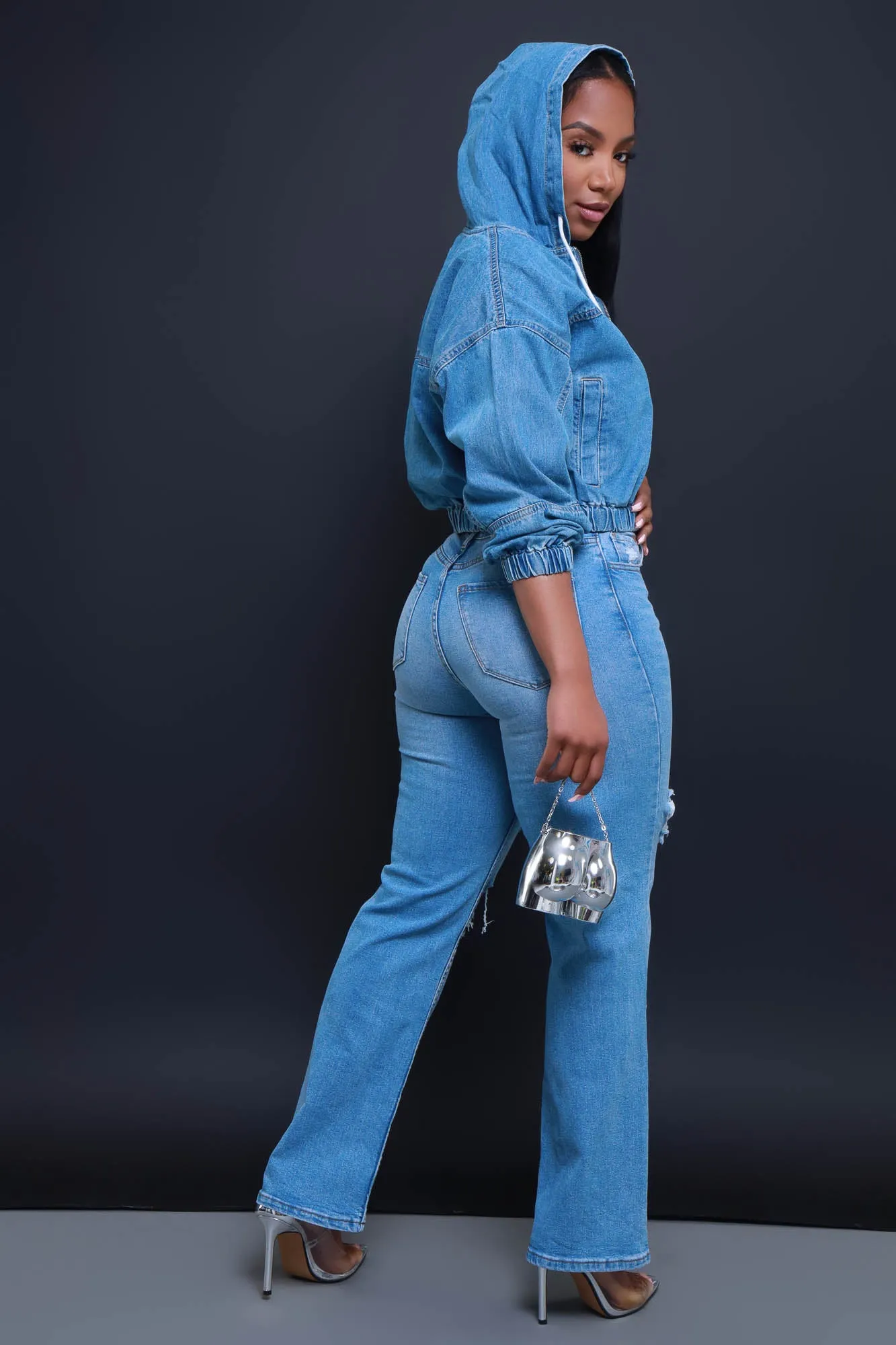 Give It A Shot Hooded Denim Jacket - Blue