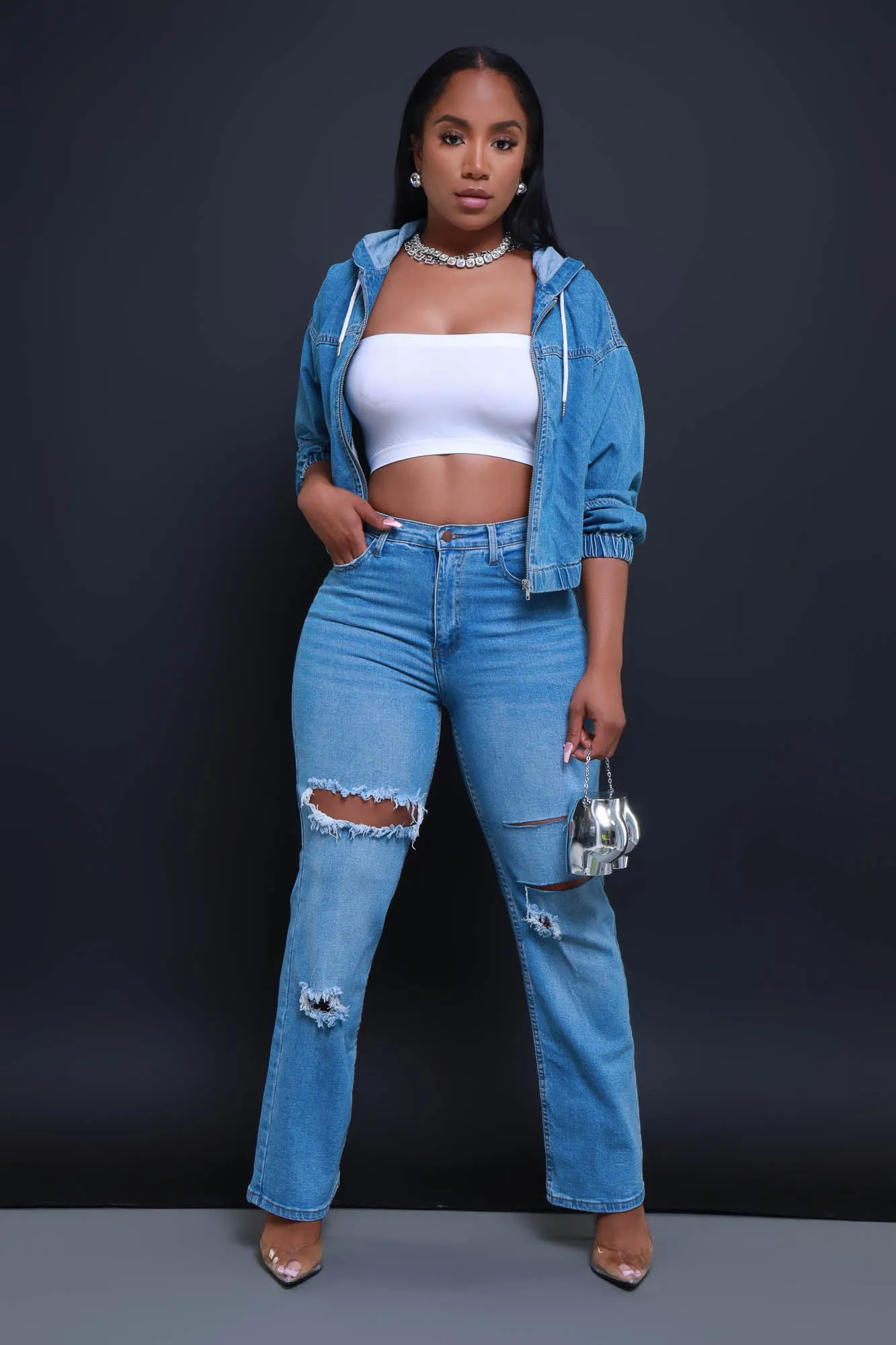 Give It A Shot Hooded Denim Jacket - Blue