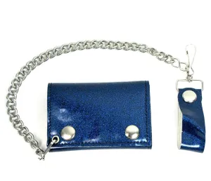 Glitter Vinyl Tri-fold Chain Wallet in Royal Blue