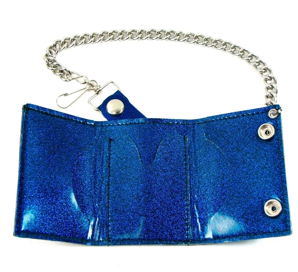 Glitter Vinyl Tri-fold Chain Wallet in Royal Blue