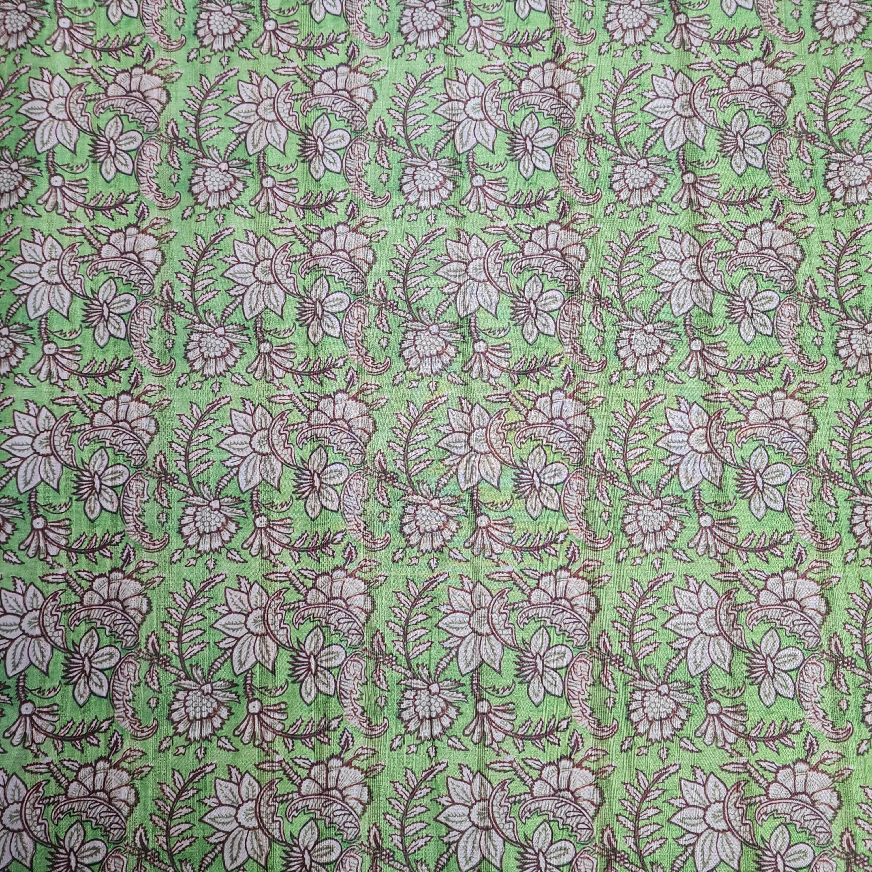 Green With Cream Floral Print Dobby TUsser Silk Fabric