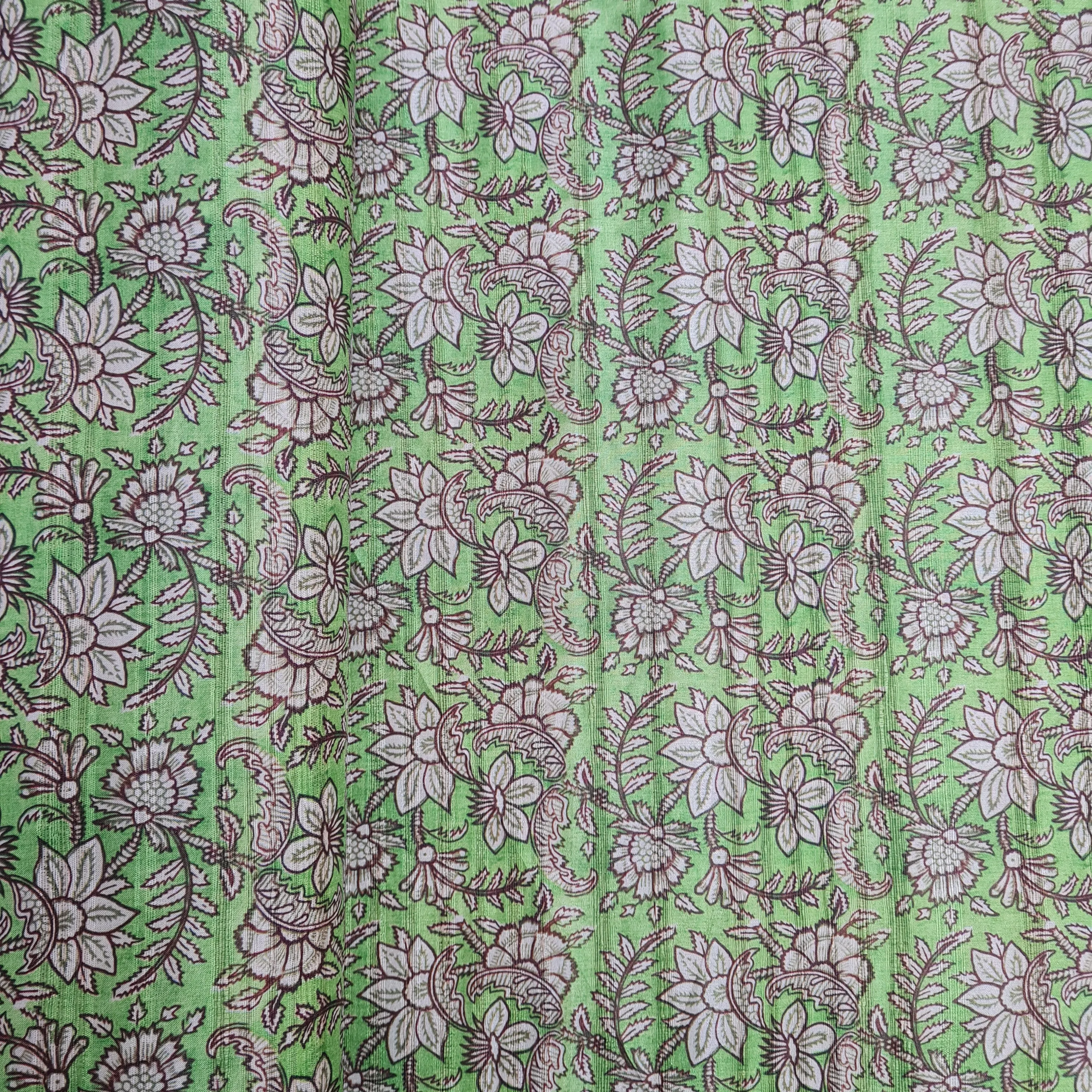 Green With Cream Floral Print Dobby TUsser Silk Fabric
