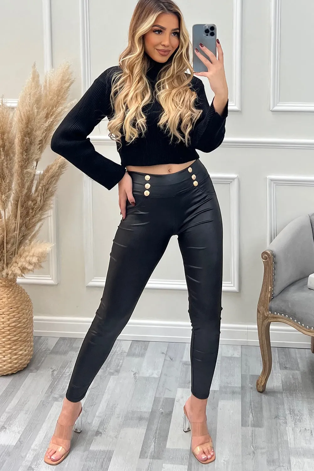 Indie Black Shiny Button Detail Stretch Leggings