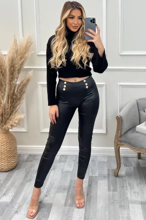 Indie Black Shiny Button Detail Stretch Leggings