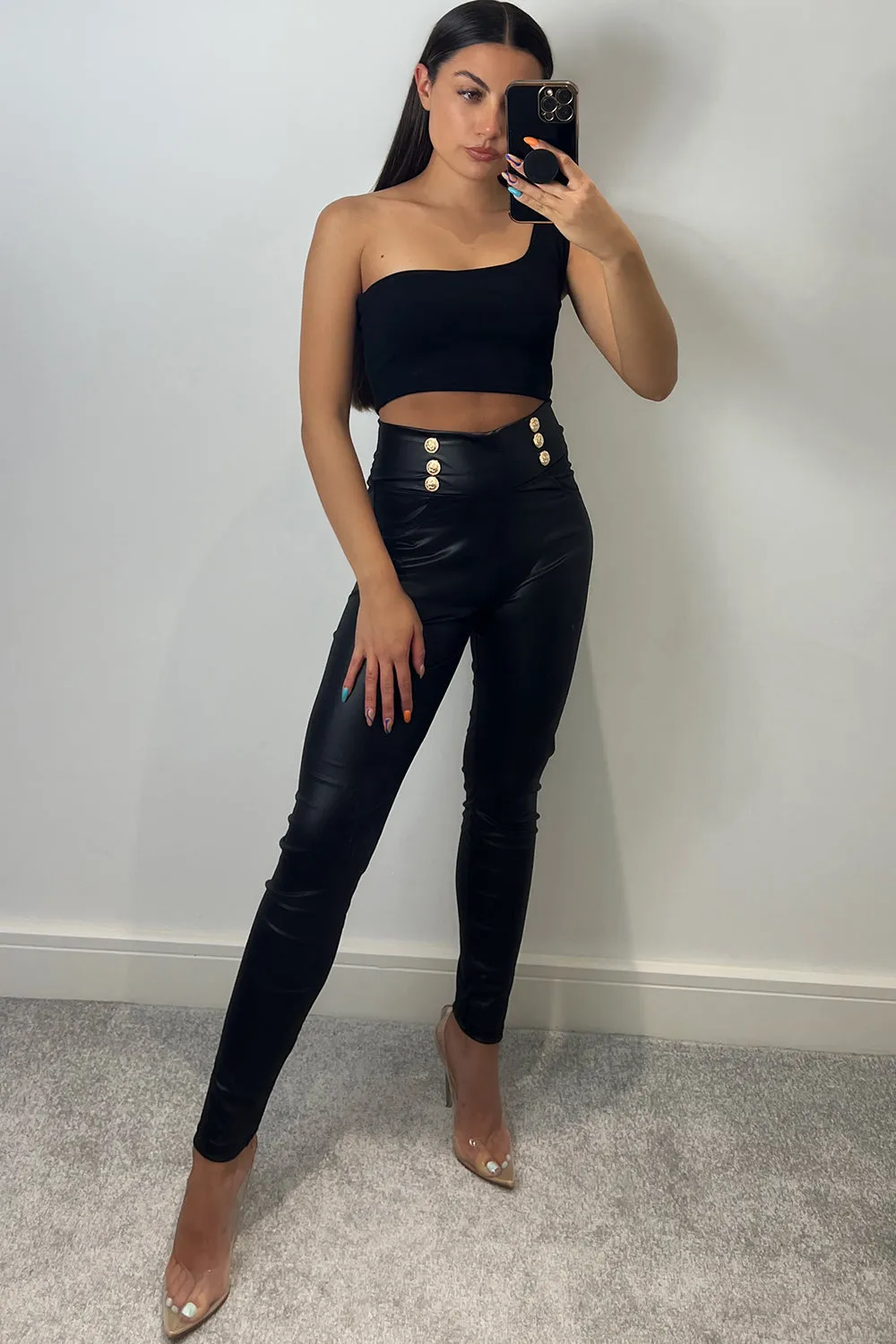 Indie Black Shiny Button Detail Stretch Leggings