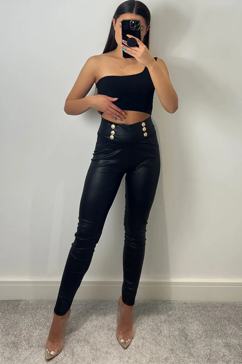 Indie Black Shiny Button Detail Stretch Leggings