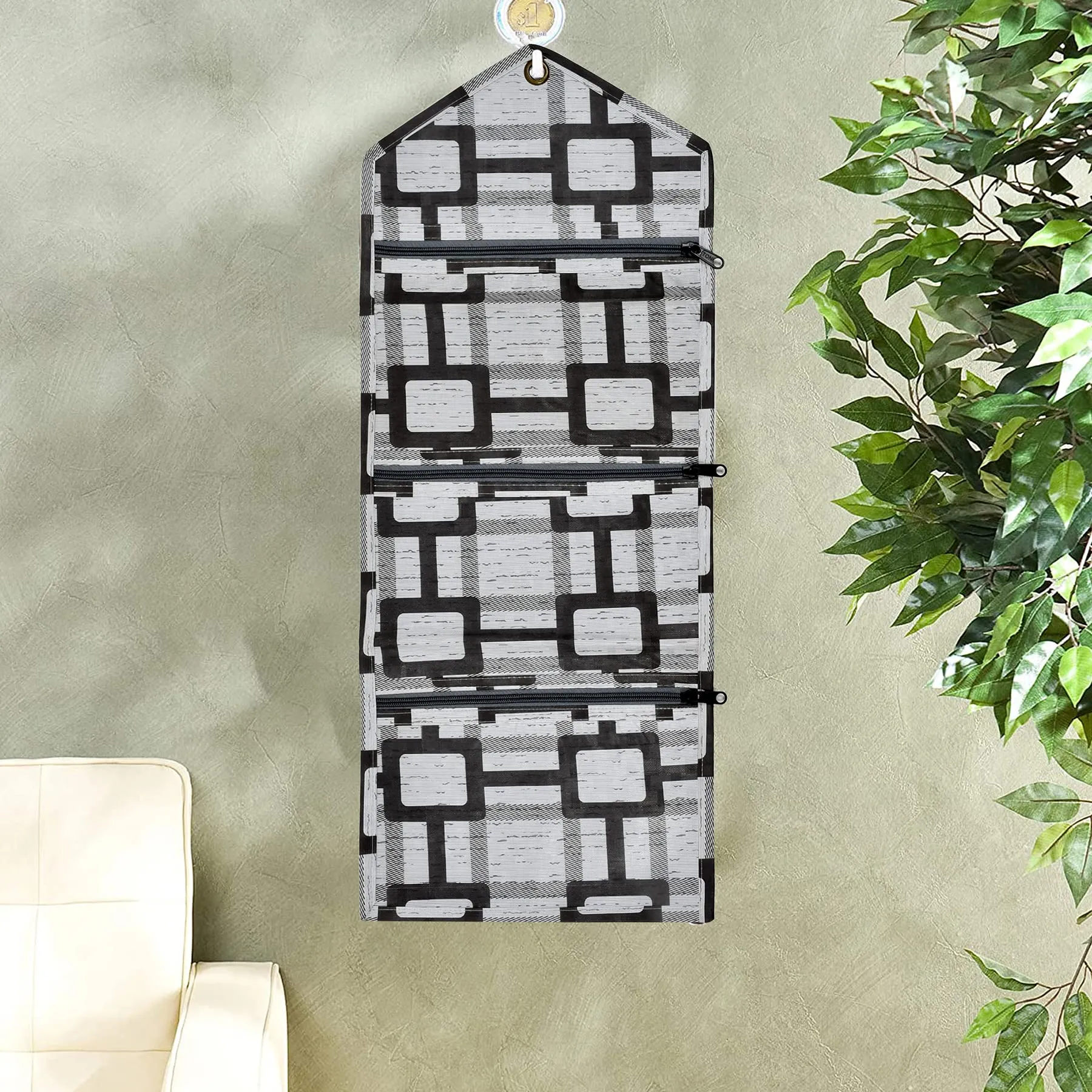 Kuber Industries Square Printed Wall Hanging Magazine Letter Holder/Organizer With 3 Zipper Pockets- Pack of 2 (Grey) (HS43KUBMART025749)
