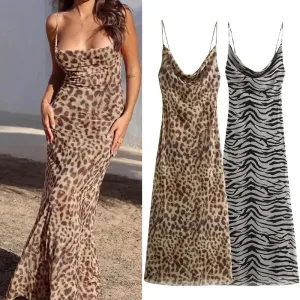 Liora Animal Print Cowl Neck Maxi Dress  Leopard or Zebra Slip Dress for Summer Evenings