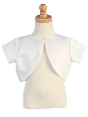 LITTLE GIRLS WHITE SHORT SLEEVED ONE BUTTON CLOSURE SATIN BOLERO JACKET 2-14