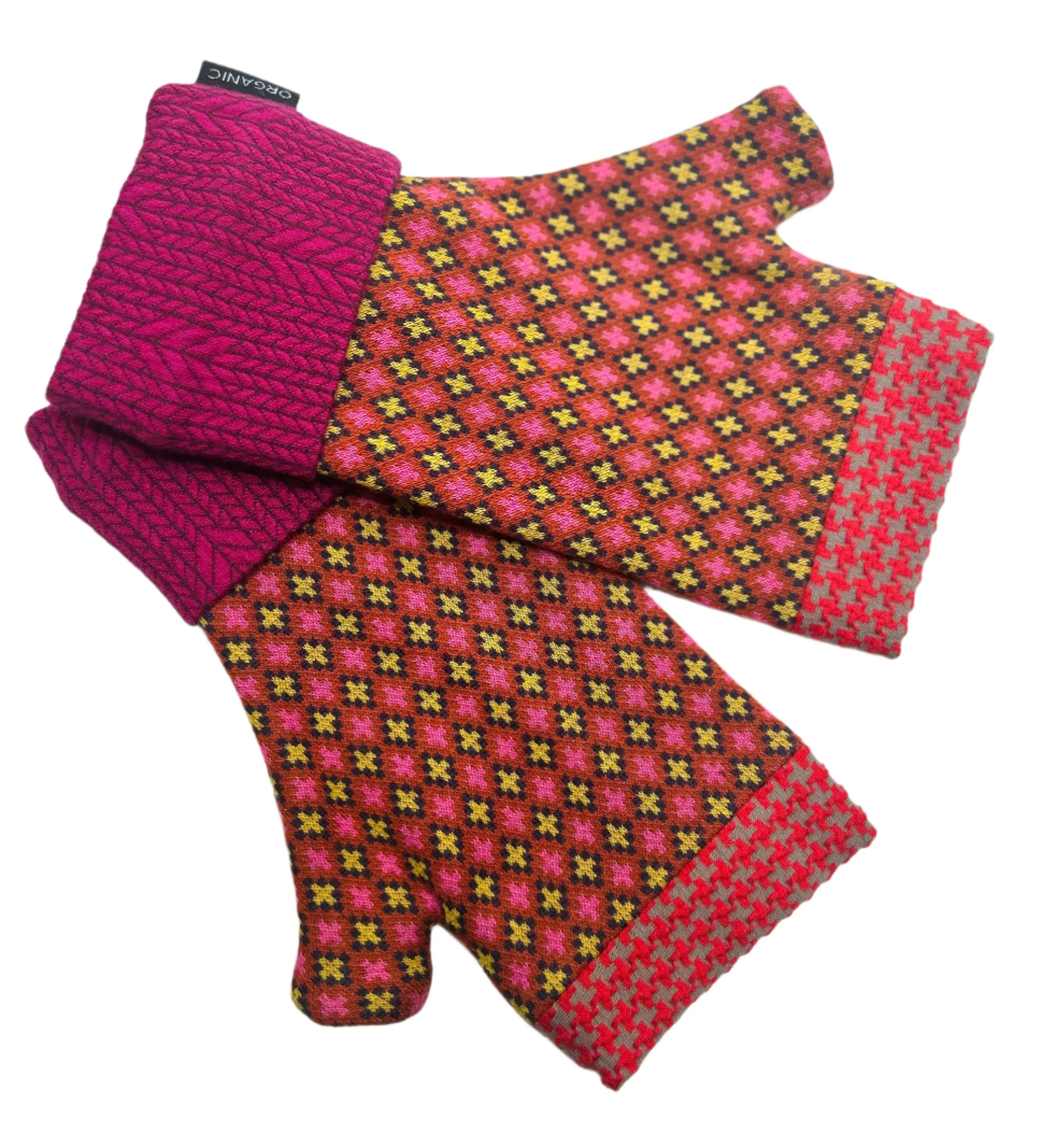 Organic cotton wristees with thumb - Vintage patchwork - Rusts and Magenta