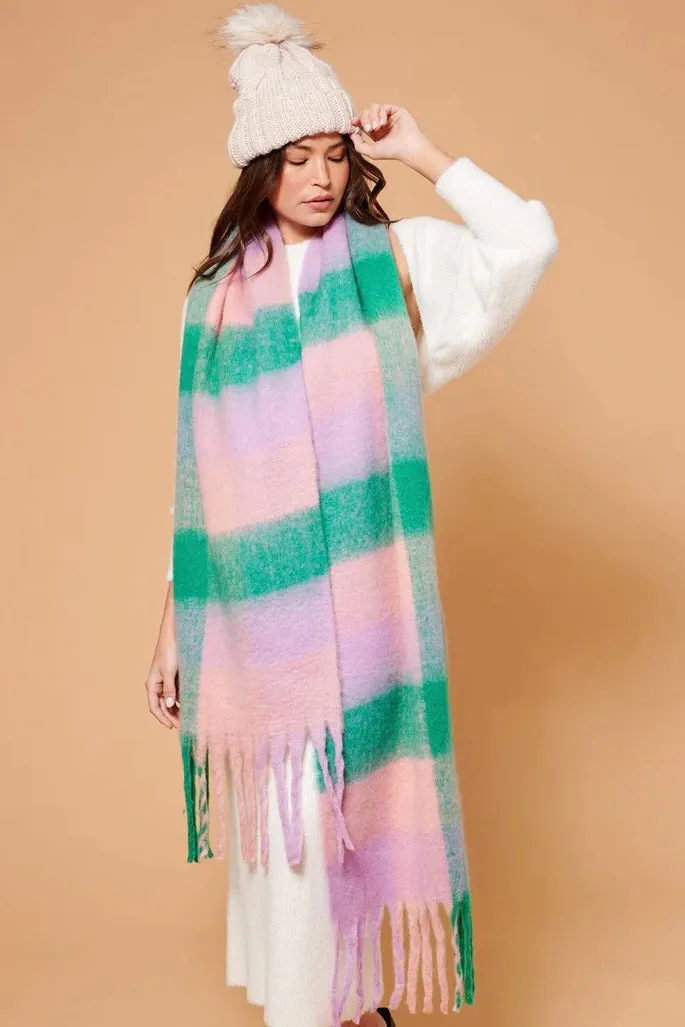 PINK   GREEN CHECK FLUFFY SCARF