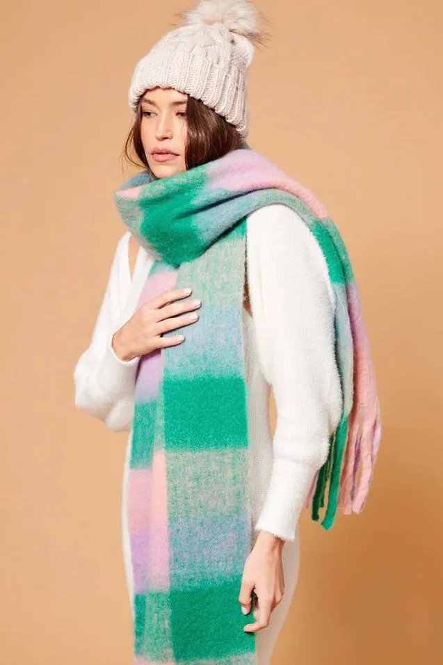 PINK   GREEN CHECK FLUFFY SCARF