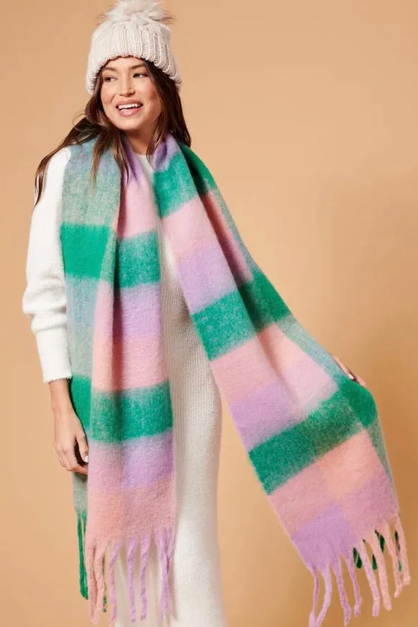PINK   GREEN CHECK FLUFFY SCARF