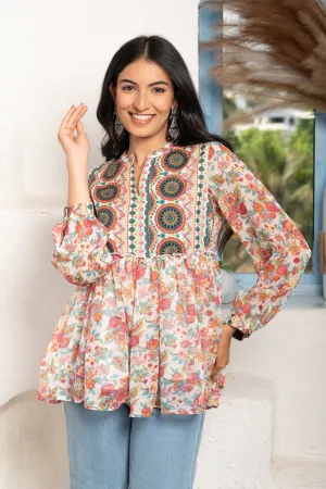PRINTED IVORY CHIFFON-COTTON  TUNIC