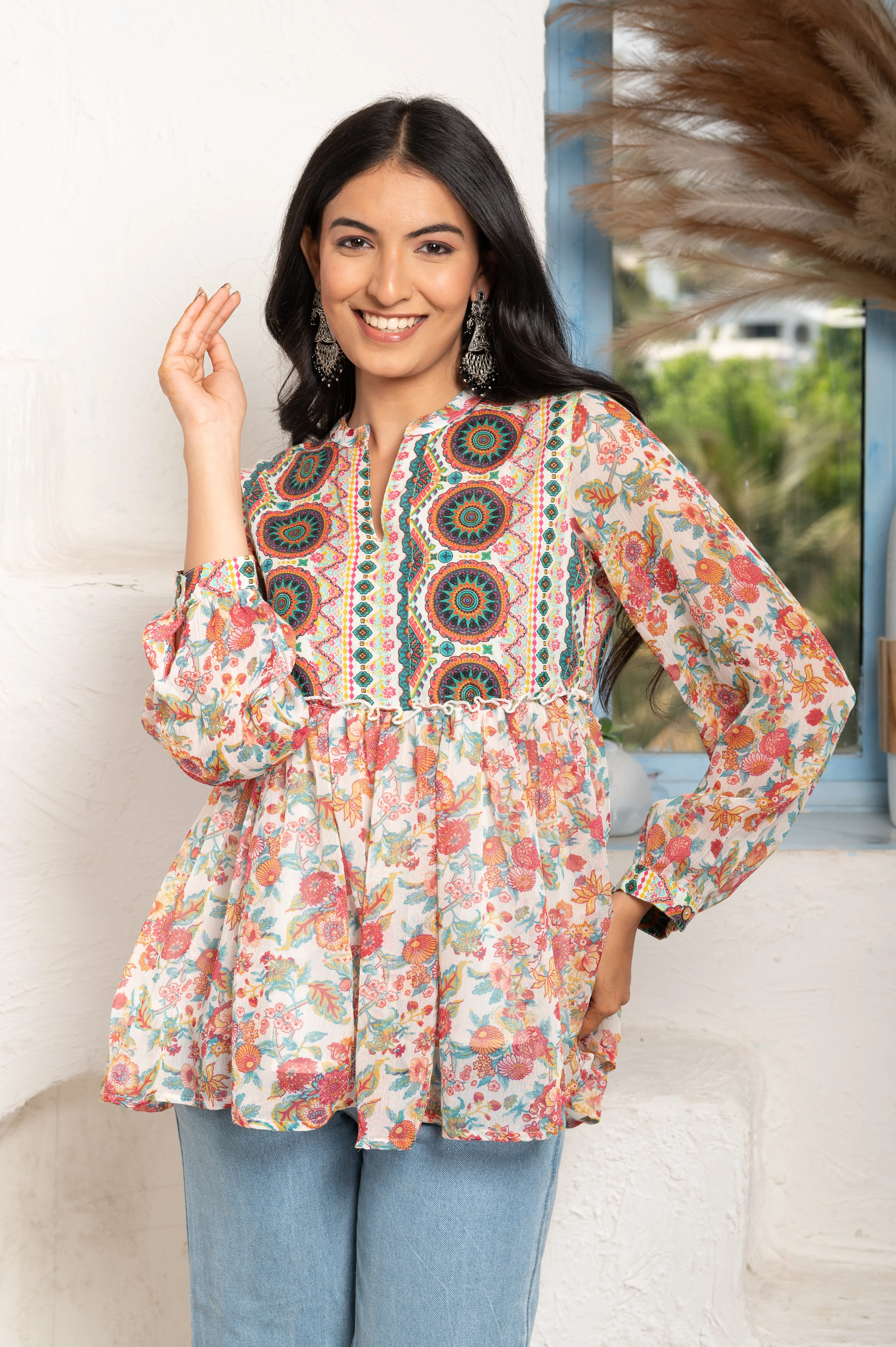 PRINTED IVORY CHIFFON-COTTON  TUNIC