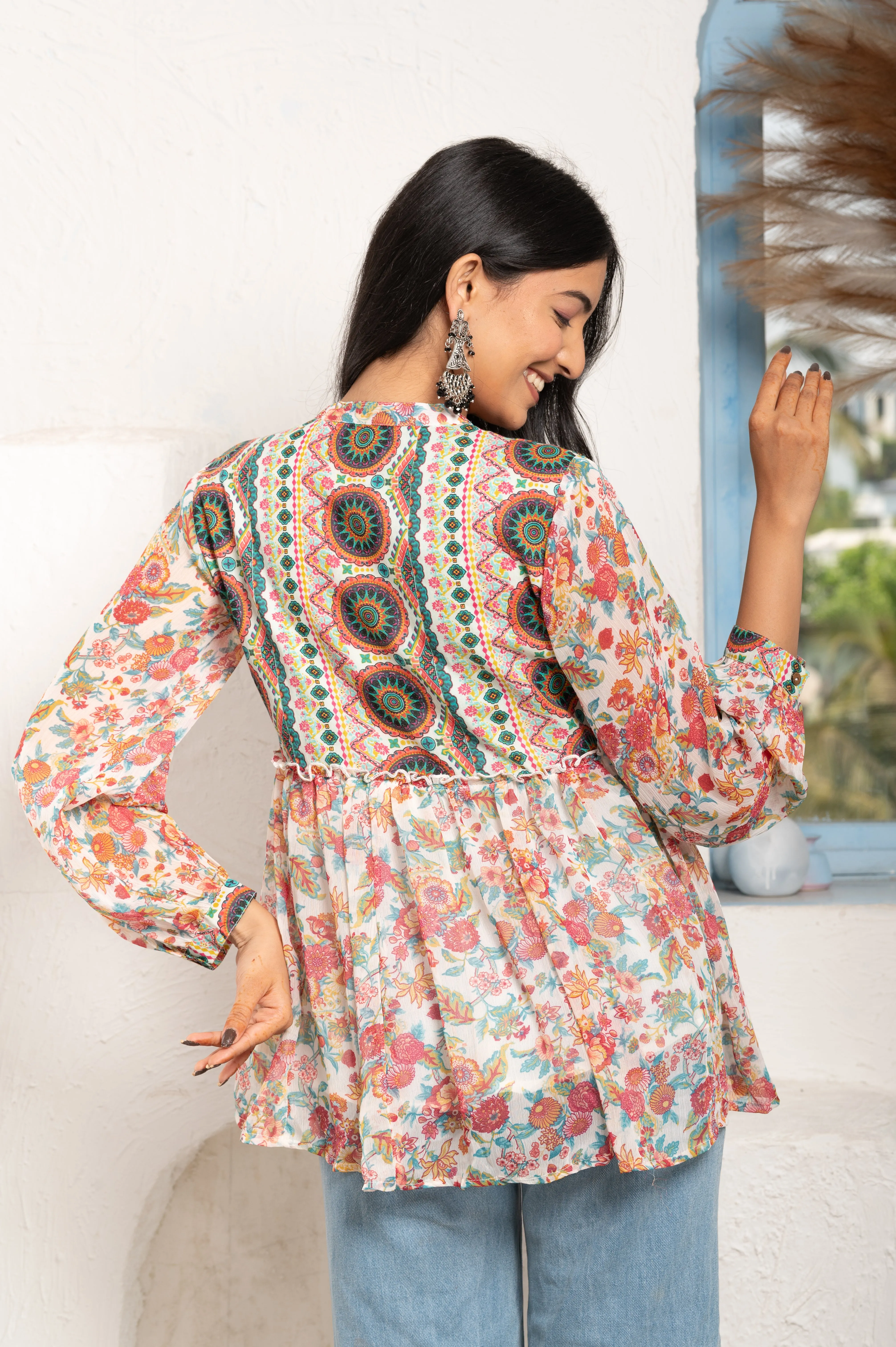 PRINTED IVORY CHIFFON-COTTON  TUNIC