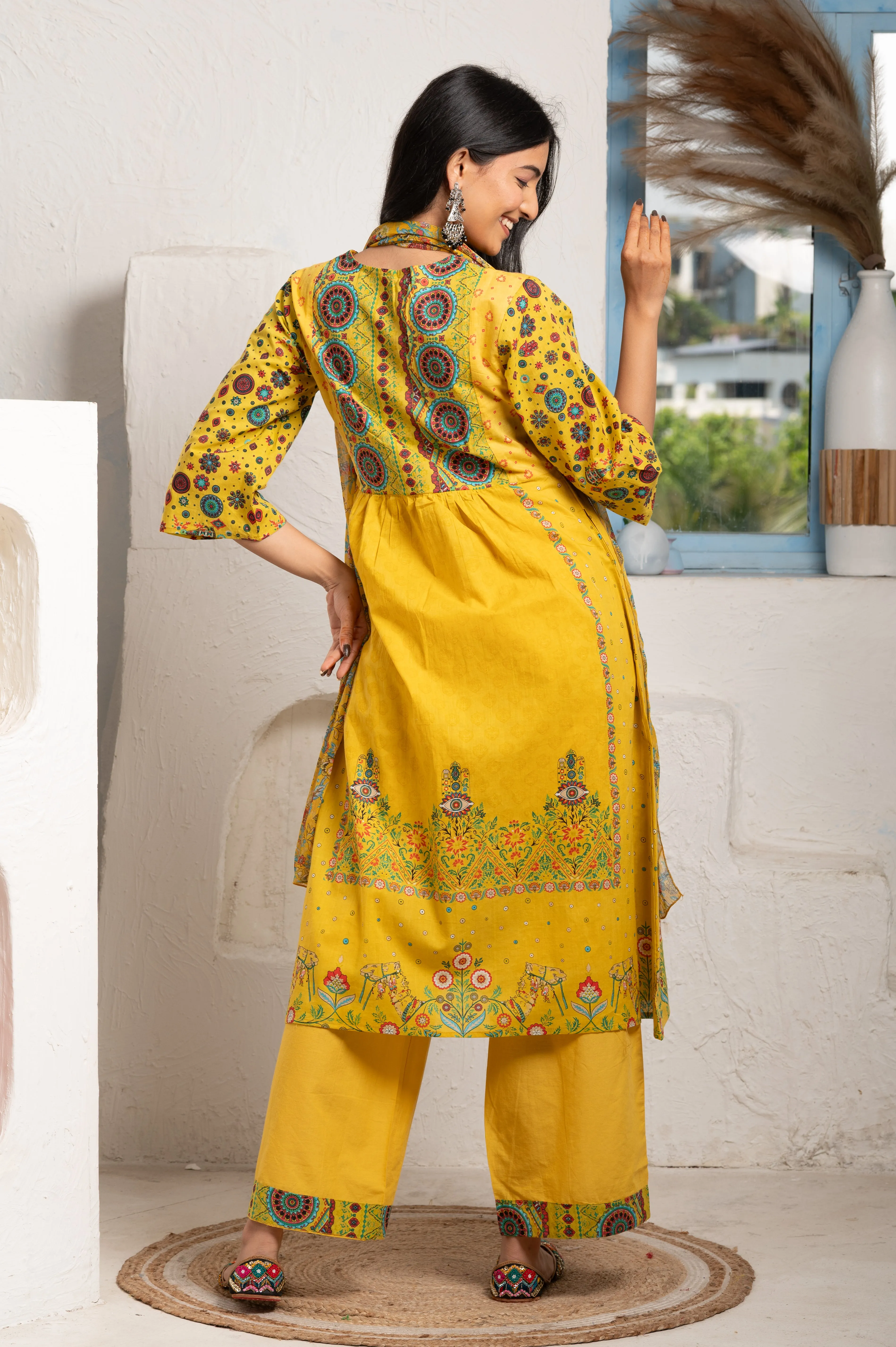 PRINTED MUSTARD COTTON SUIT SET WITH CHIFFON DUPATTA