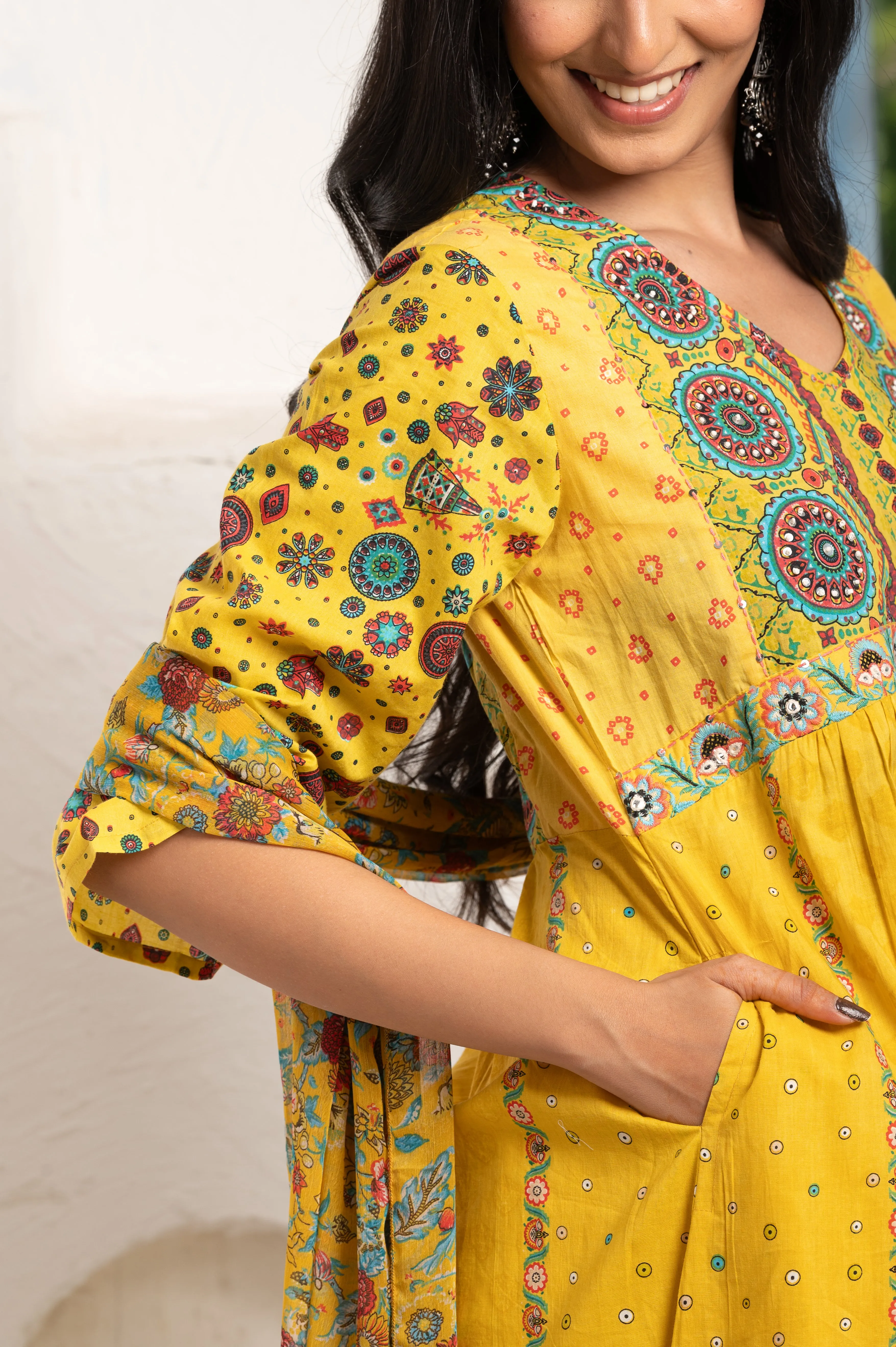 PRINTED MUSTARD COTTON SUIT SET WITH CHIFFON DUPATTA