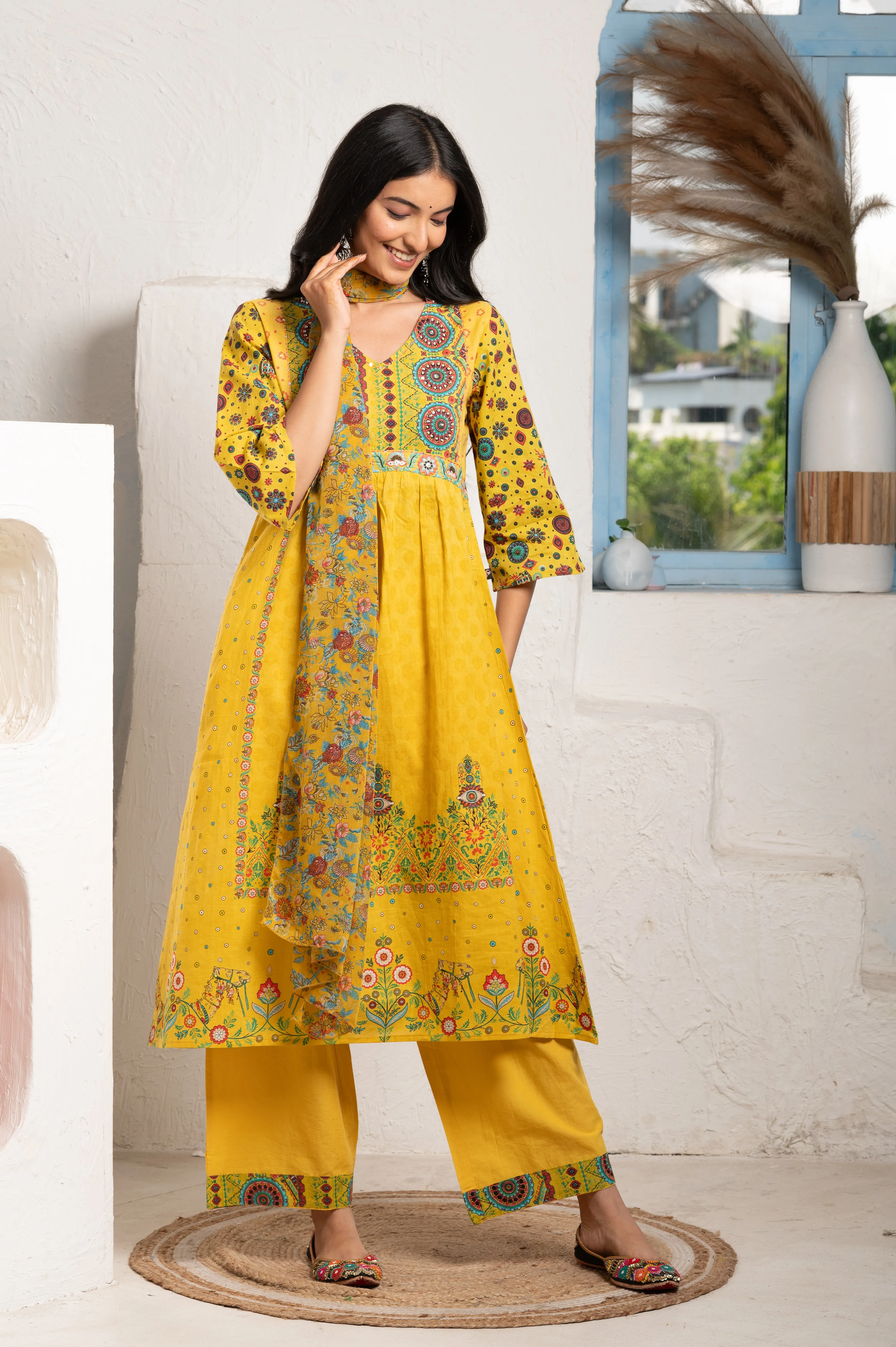 PRINTED MUSTARD COTTON SUIT SET WITH CHIFFON DUPATTA