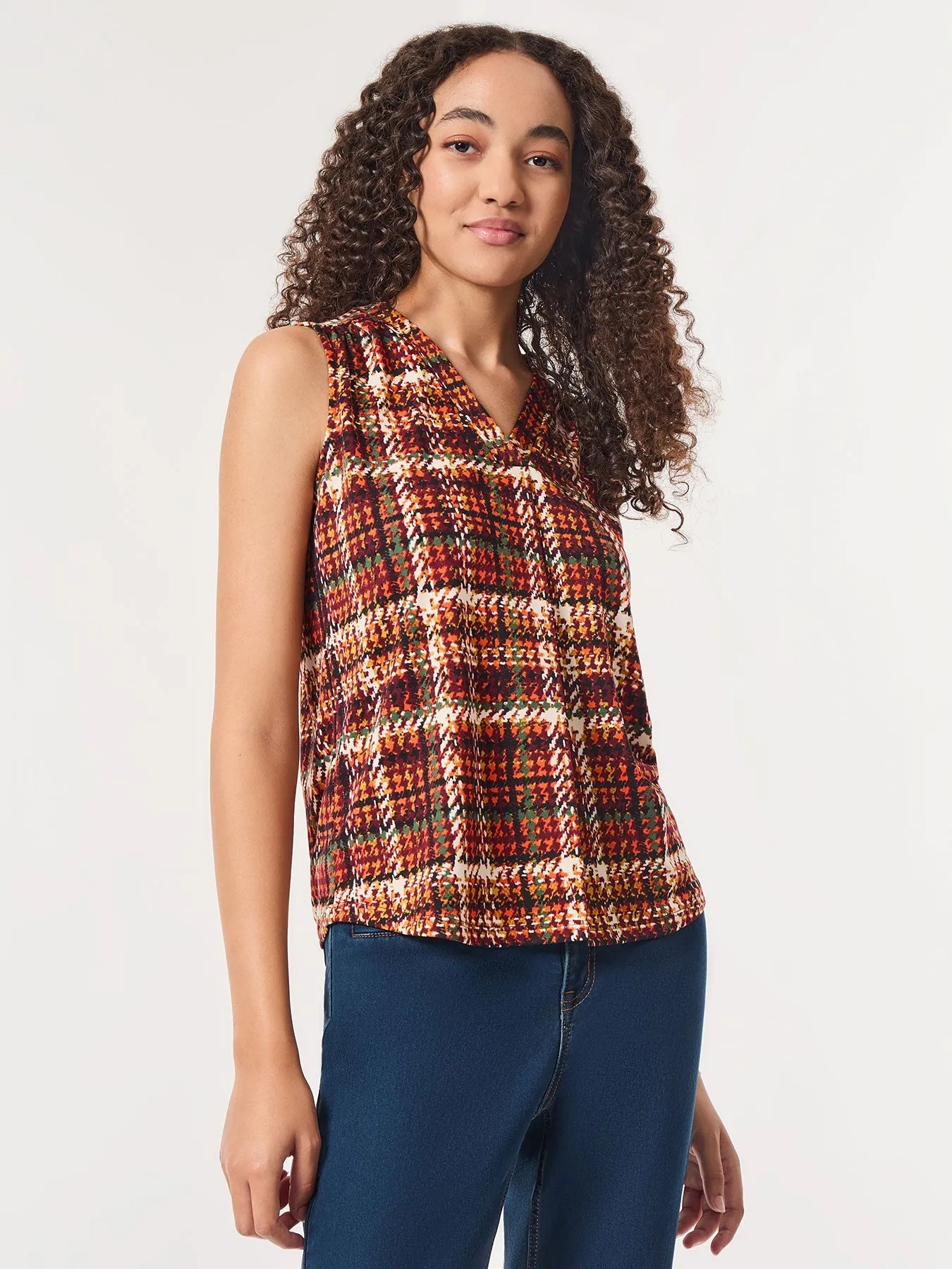 Printed Sleeveless V-Neck Top, Moss Crepe