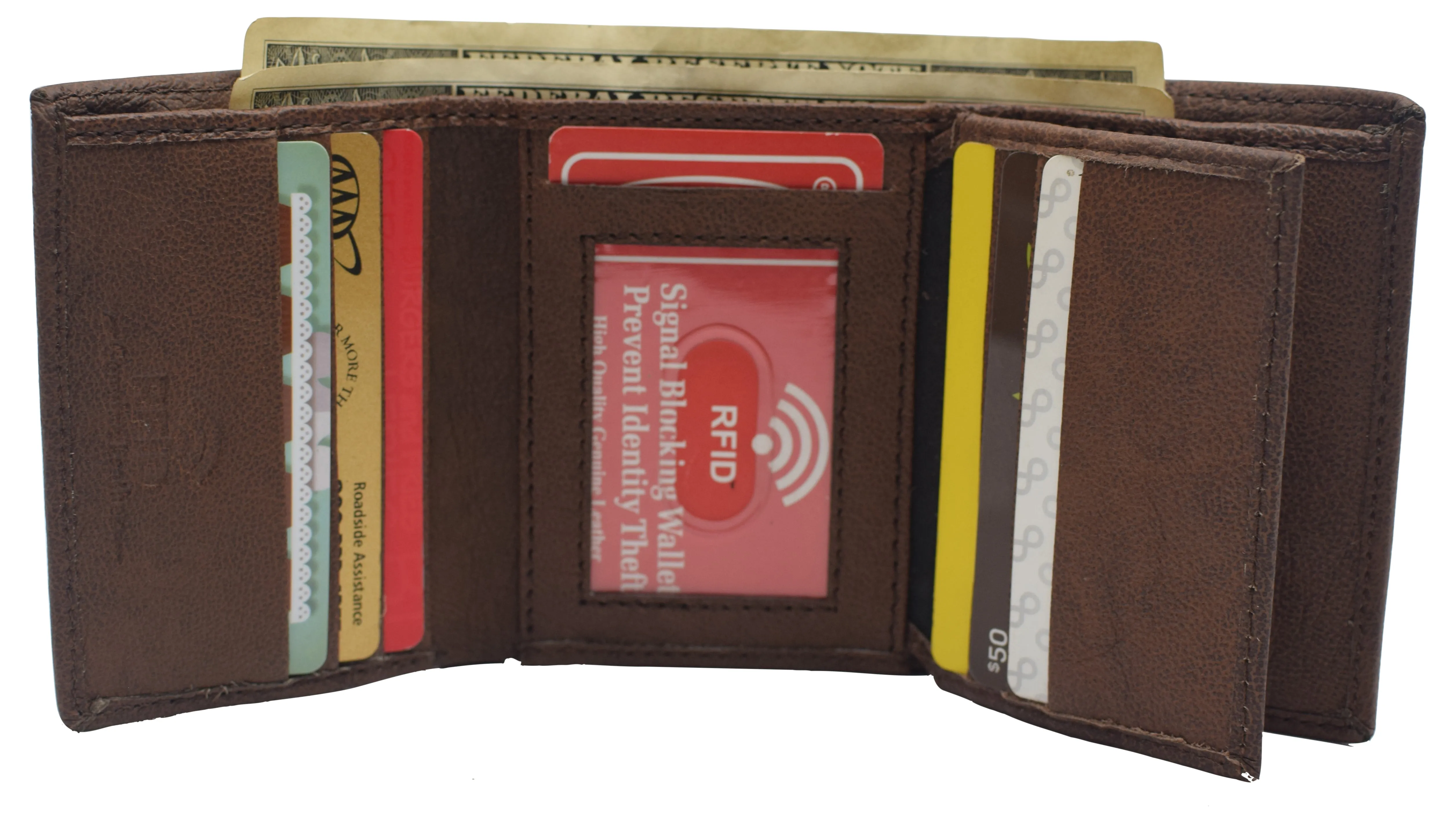 RFID Blocking Genuine Leather Wallet Extra Capacity Classic Trifold Wallet for Men